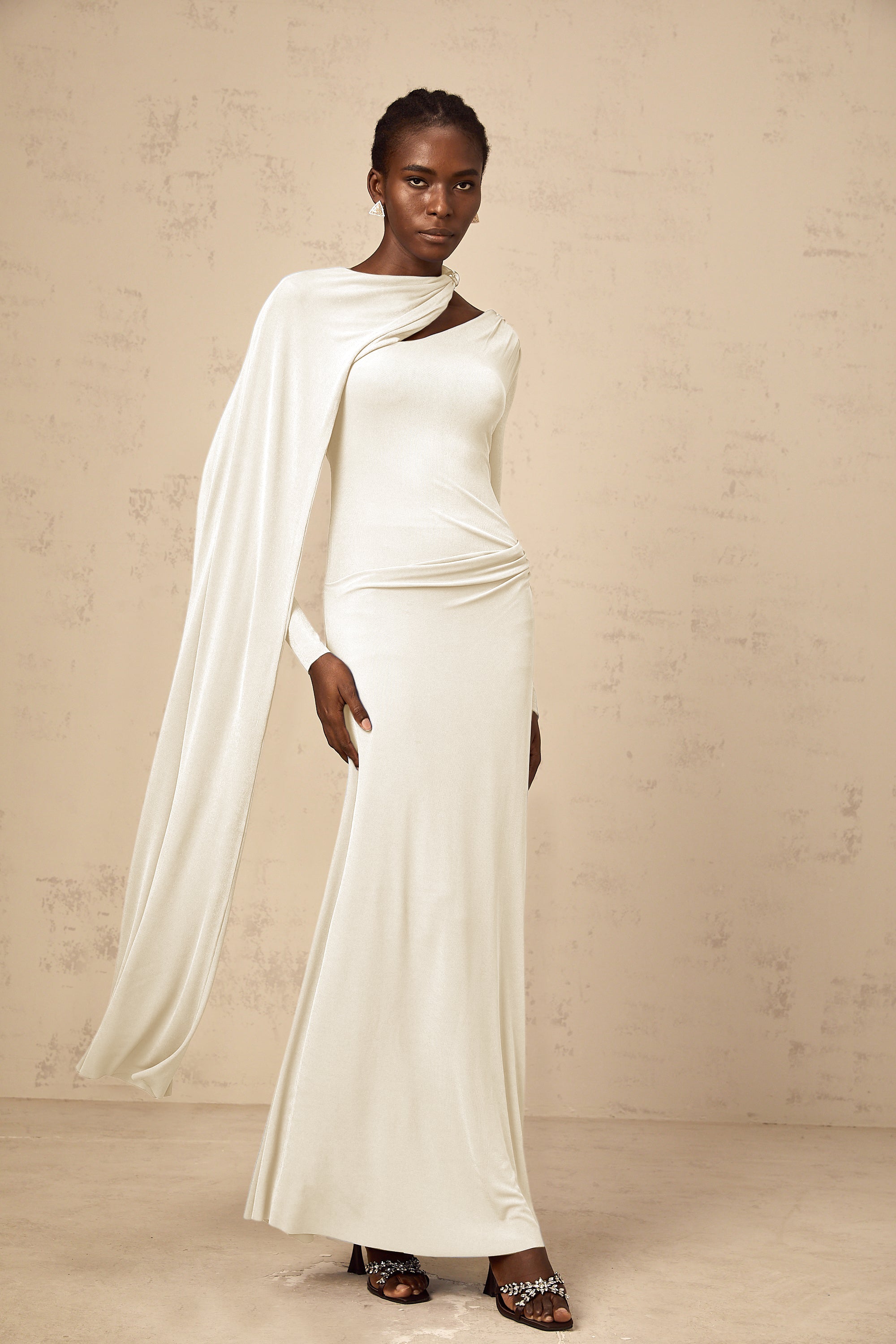 Josette White Diagonal Shawl Fitted Maxi Dress (Final Sale)