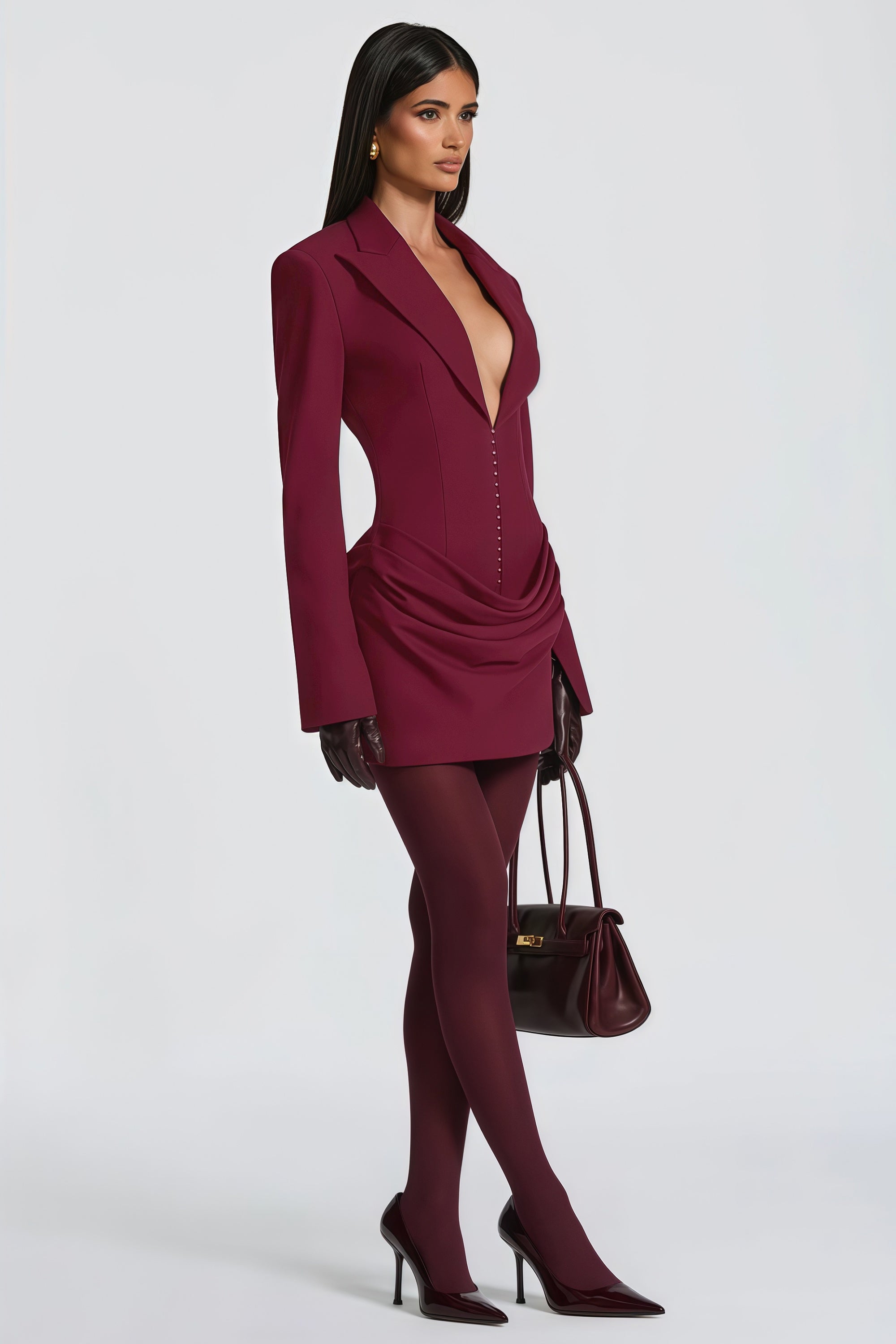 Burgundy long-sleeve blazer mini dress with a draped skirt
