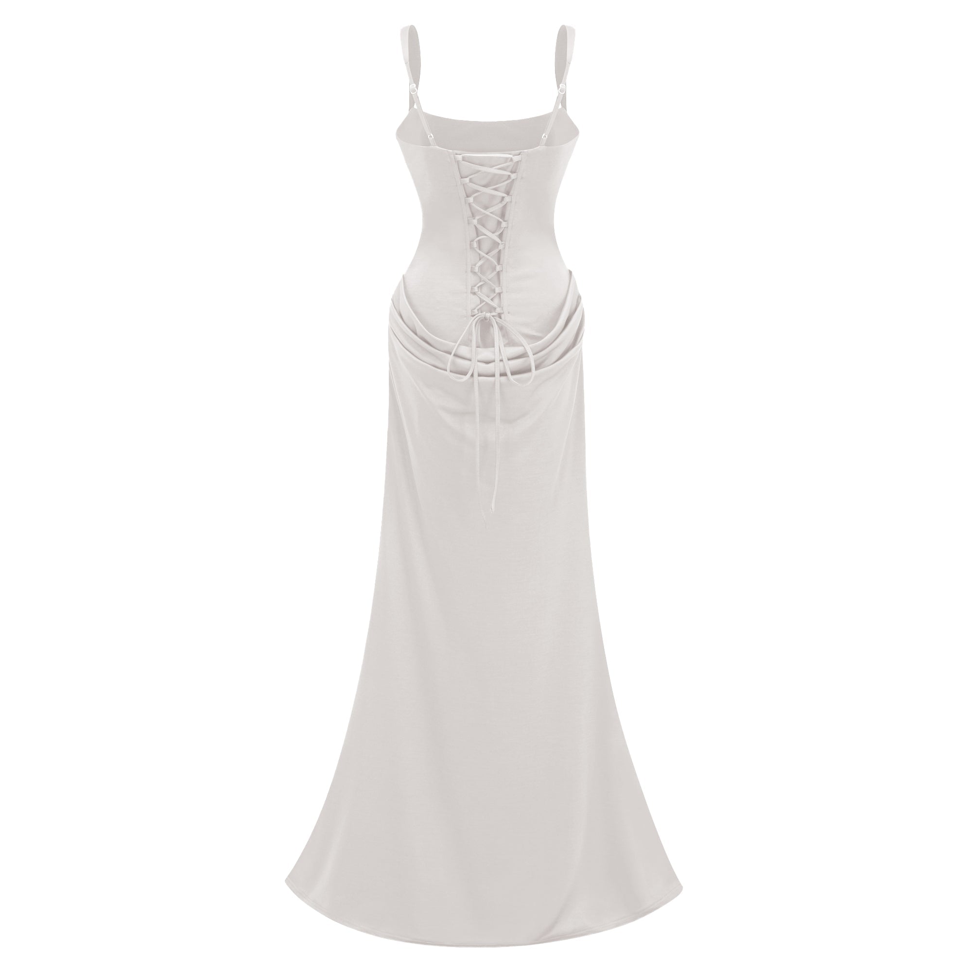 White gown with a corset bodice and a draped waist