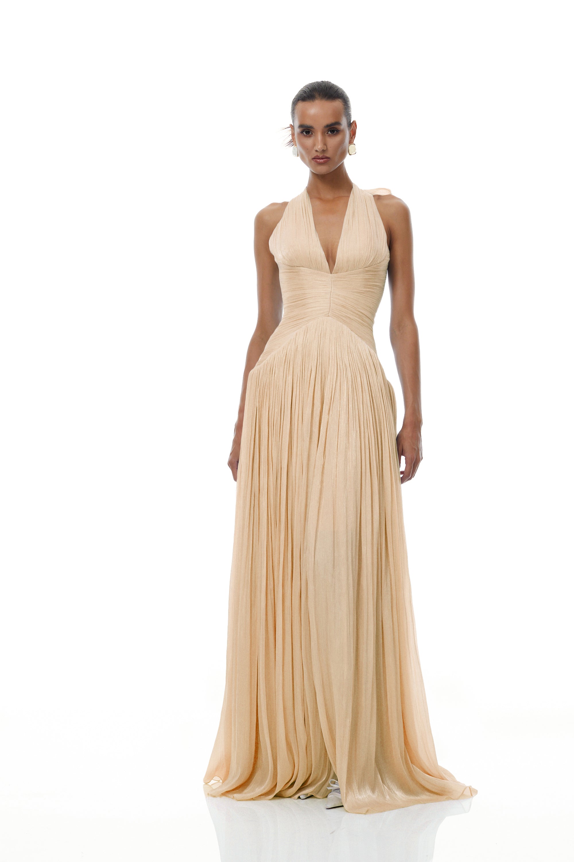 Térébenthine Neutral Glossy Gathered Maxi Dress (Final Sale-US Only)