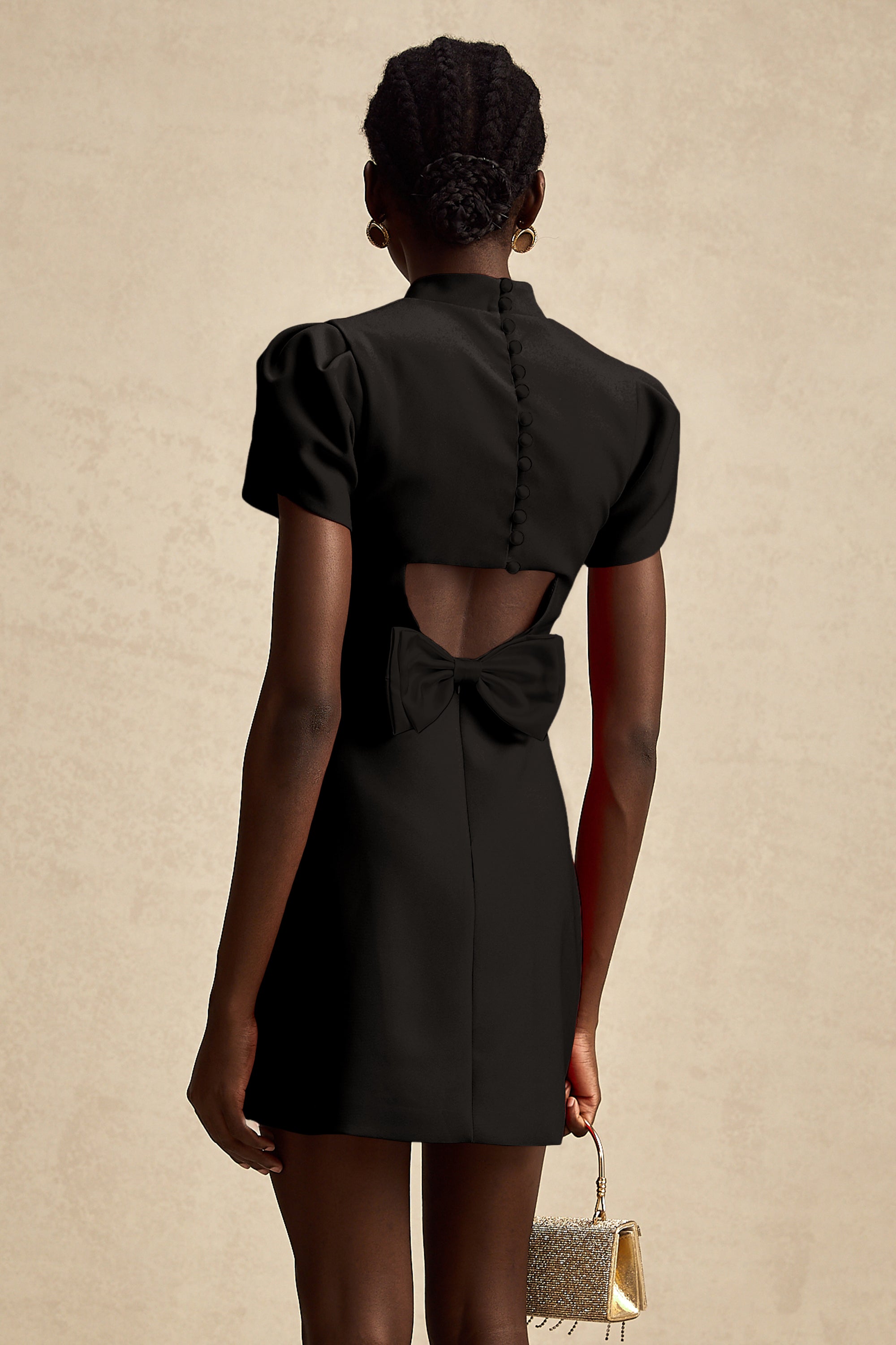 Anna Black Petal-Sleeve Cut-Out Bow Mini Dress (Final Sale)