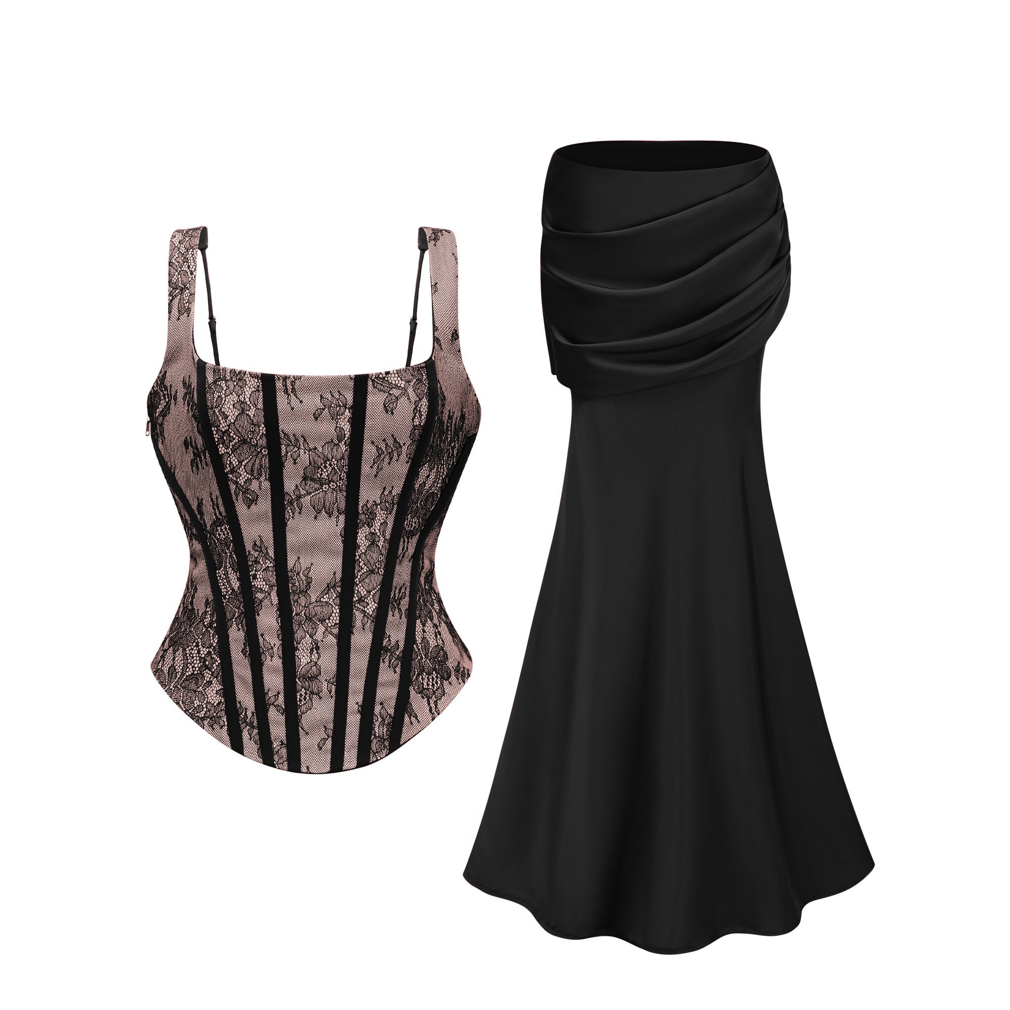 Olesya Black Lace Top & Ruched Skirt Set (Final Sale-US Only)