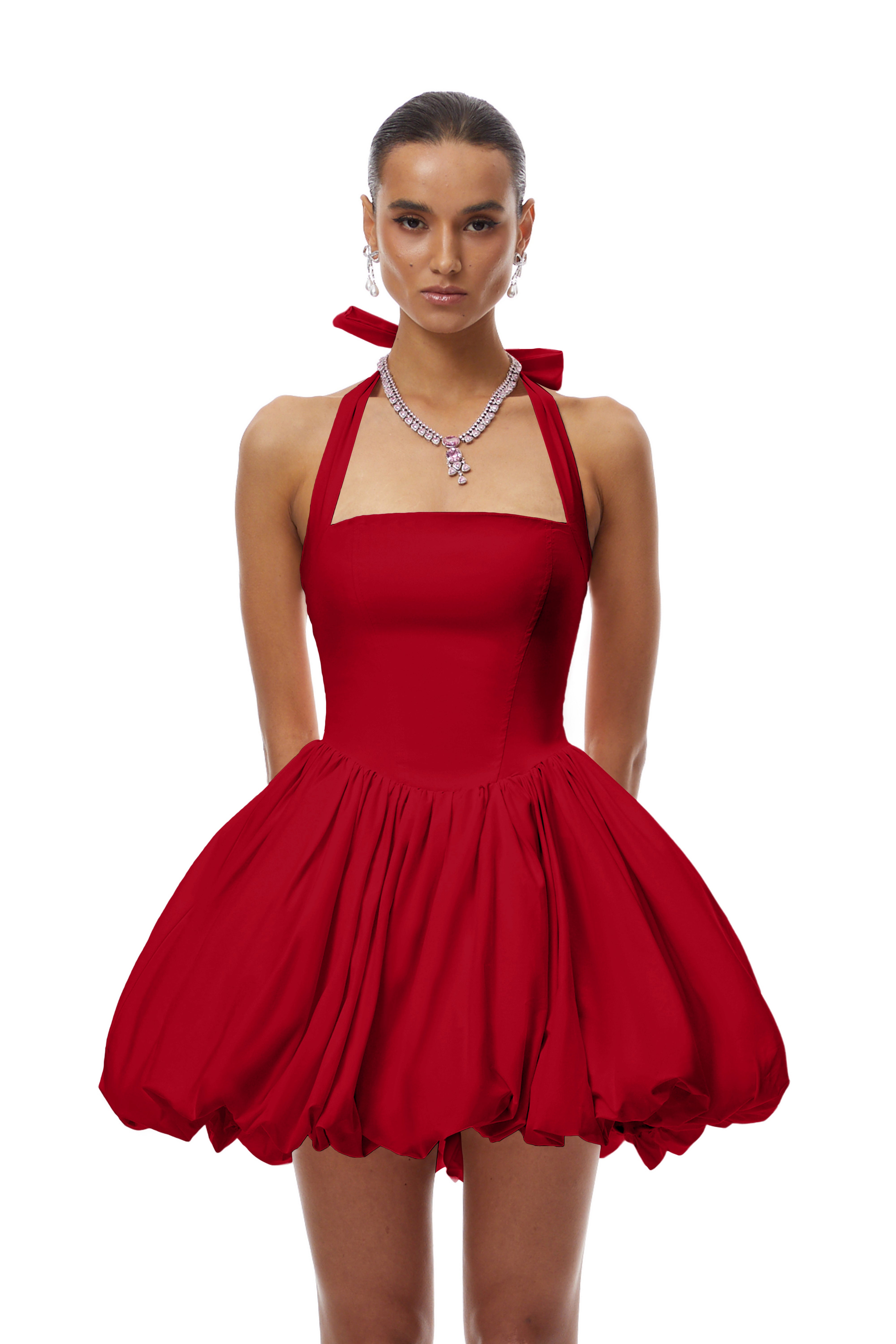 Anaelle Red Shirred Puffball Mini Dress (Final Sale-US Only)