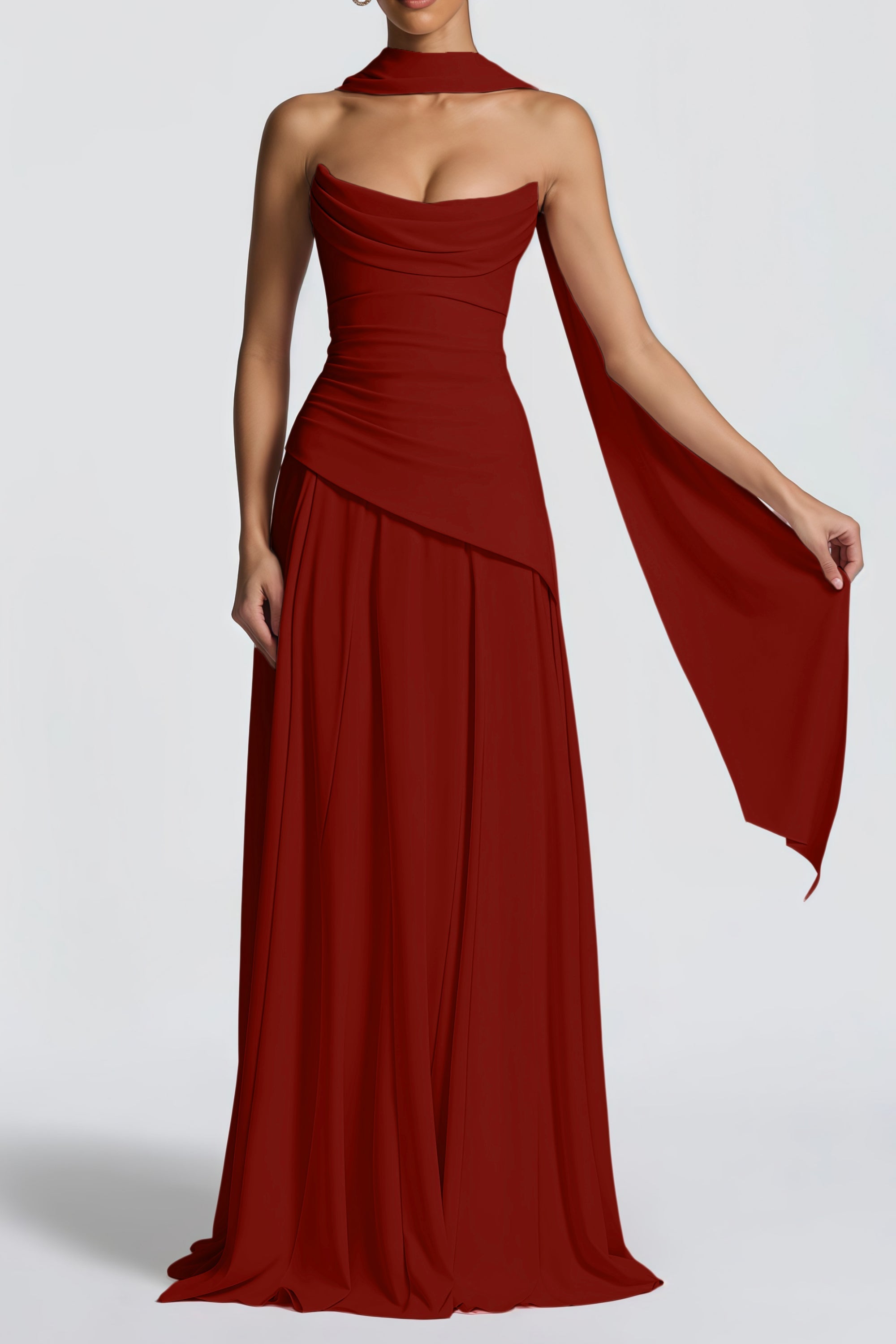Romane Burgundy Strapless Corset Chiffon Maxi Dress (Final Sale-US Only)