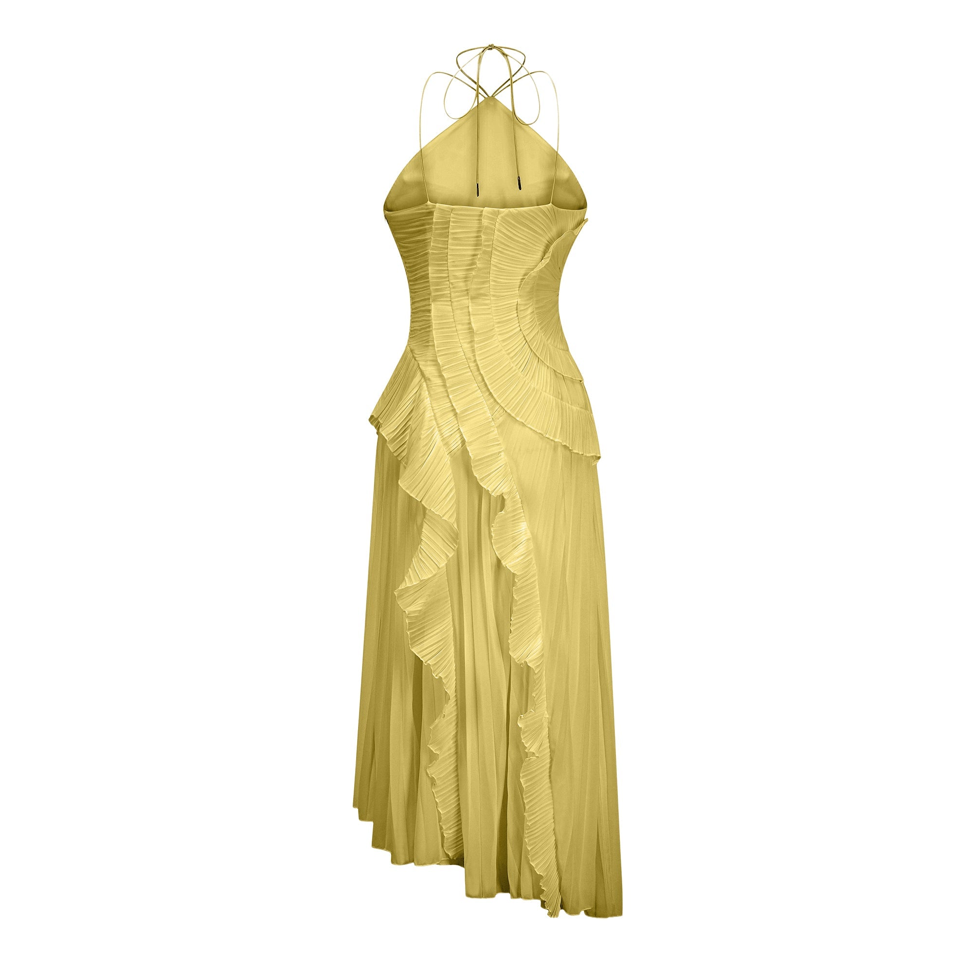 Doux Yellow Ruffled Trim Pleated Midi Dress (Final Sale)