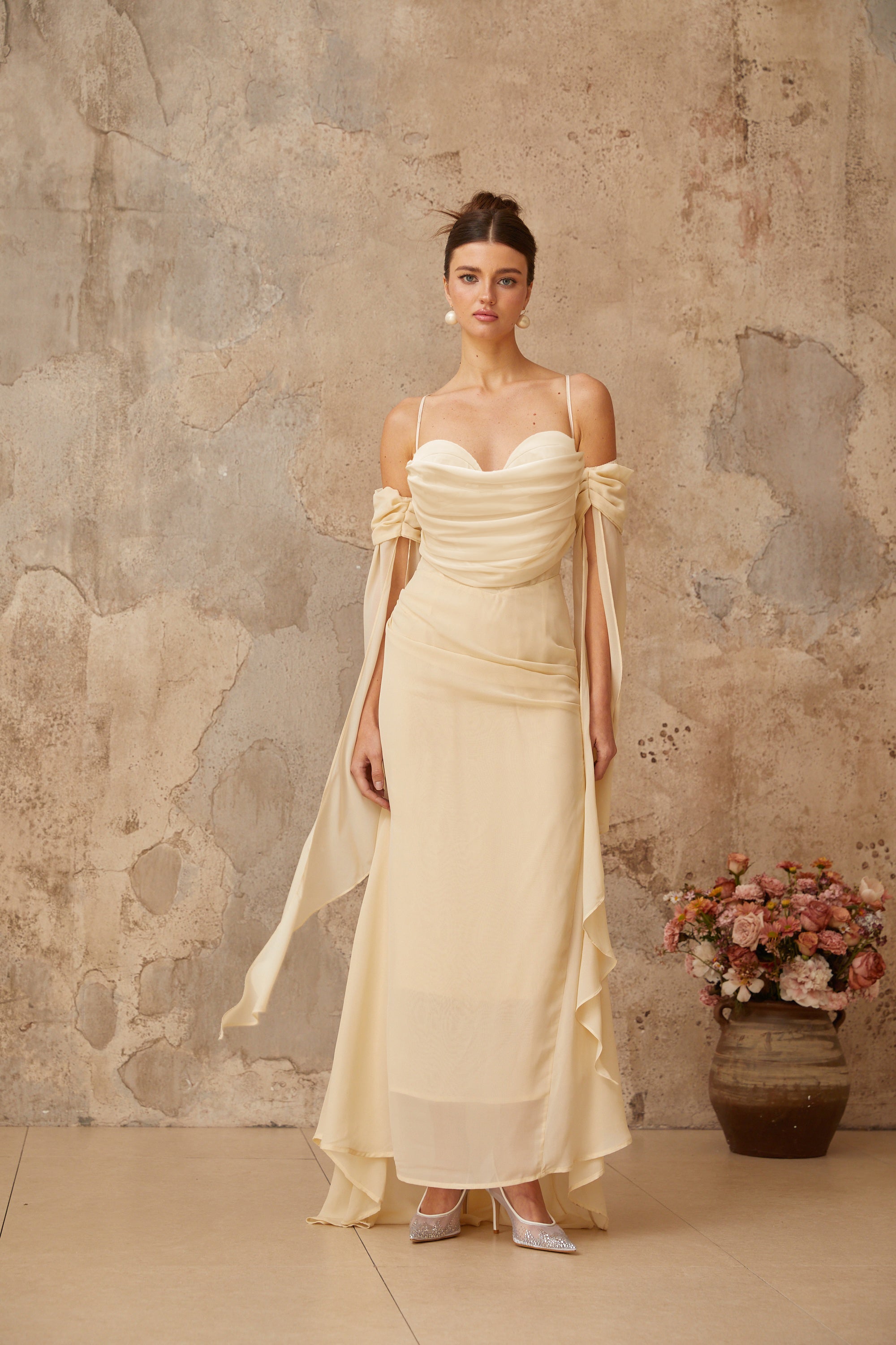 Robe longue en mousseline à volants Mélusine (Vente définitive - États-Unis uniquement)