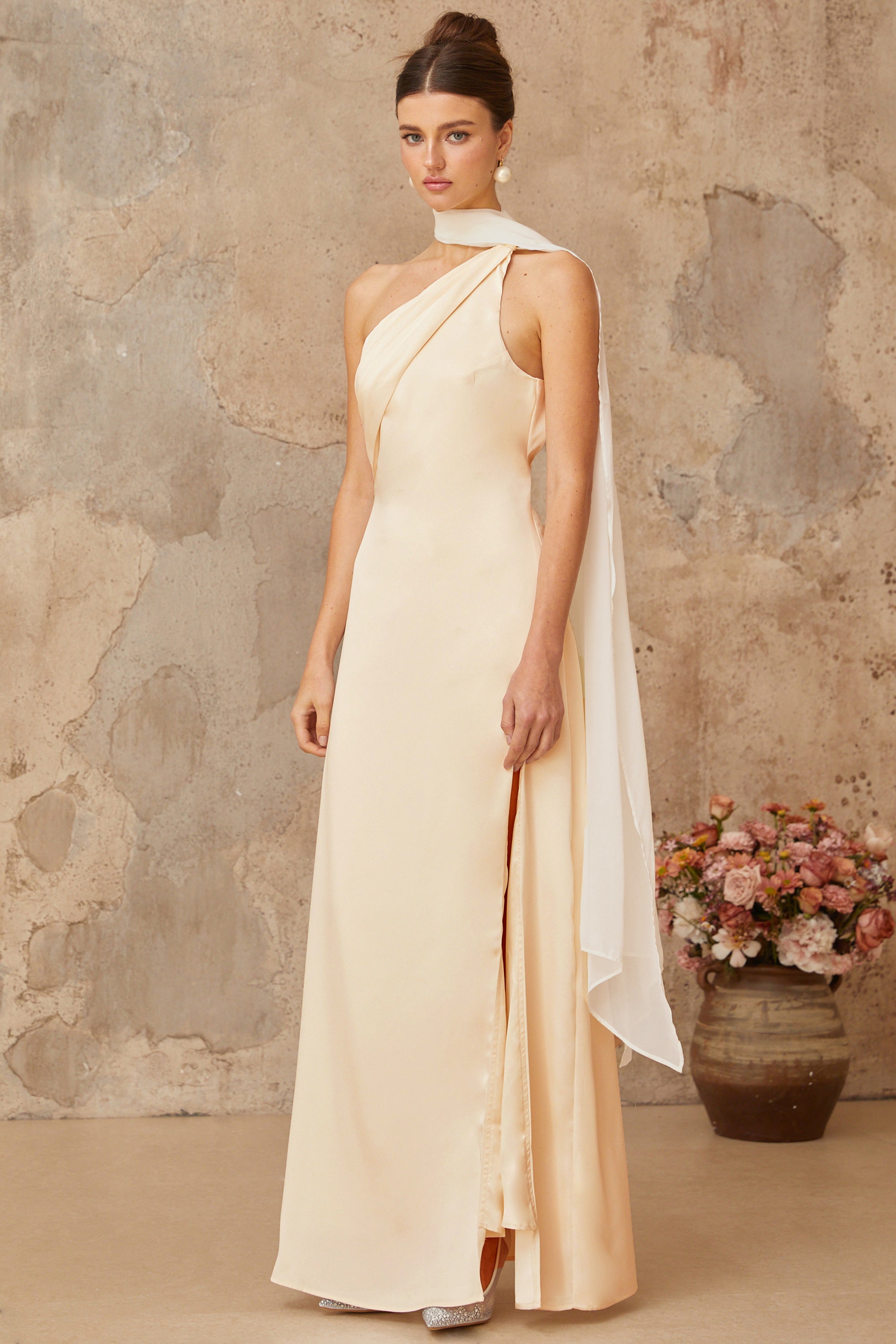 Thérèse neutral scarf-design satin maxi dress (Final Sale)