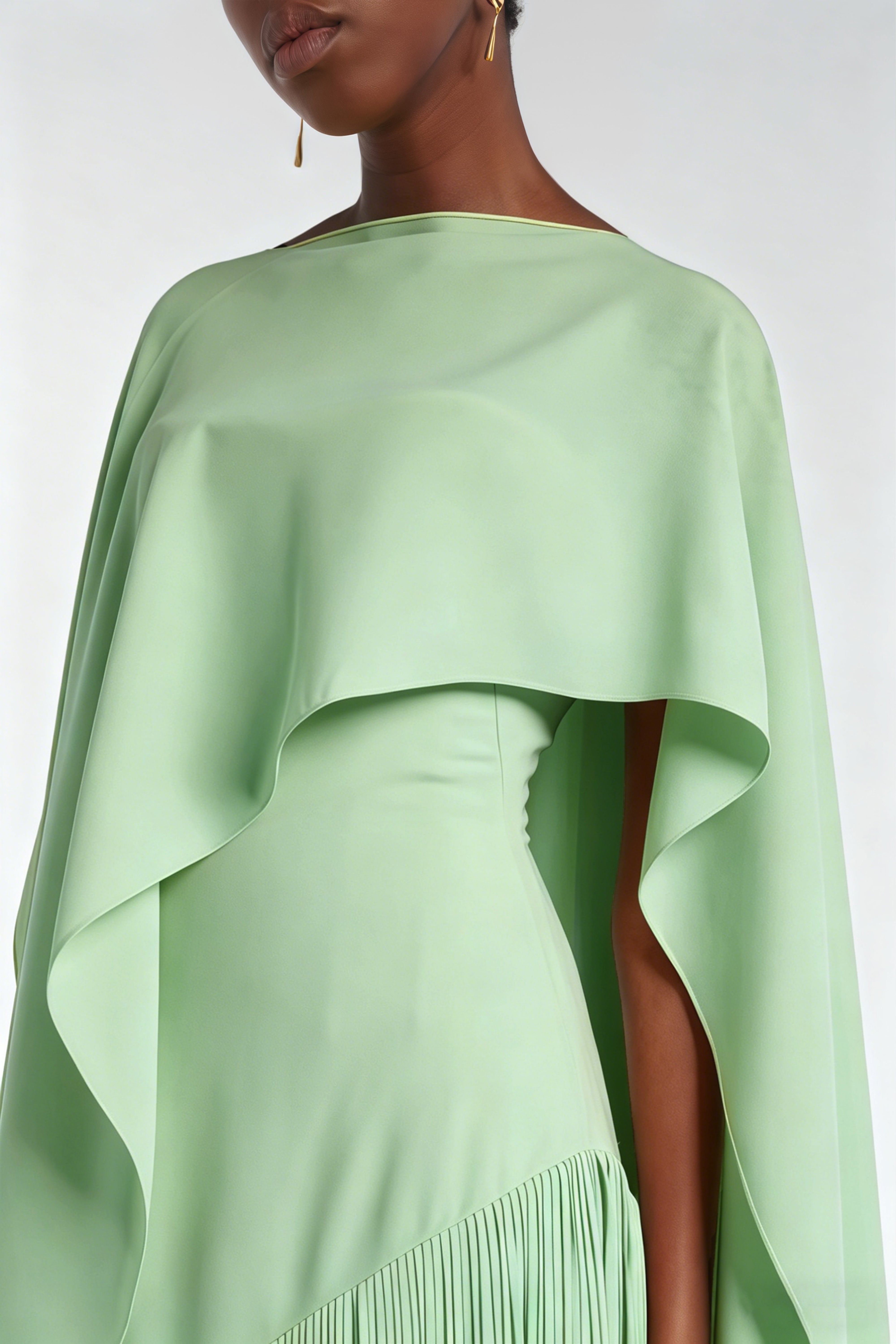 Mint Green Cape Maxi Dress with Long Fringe Skirt and Asymmetrical Hem