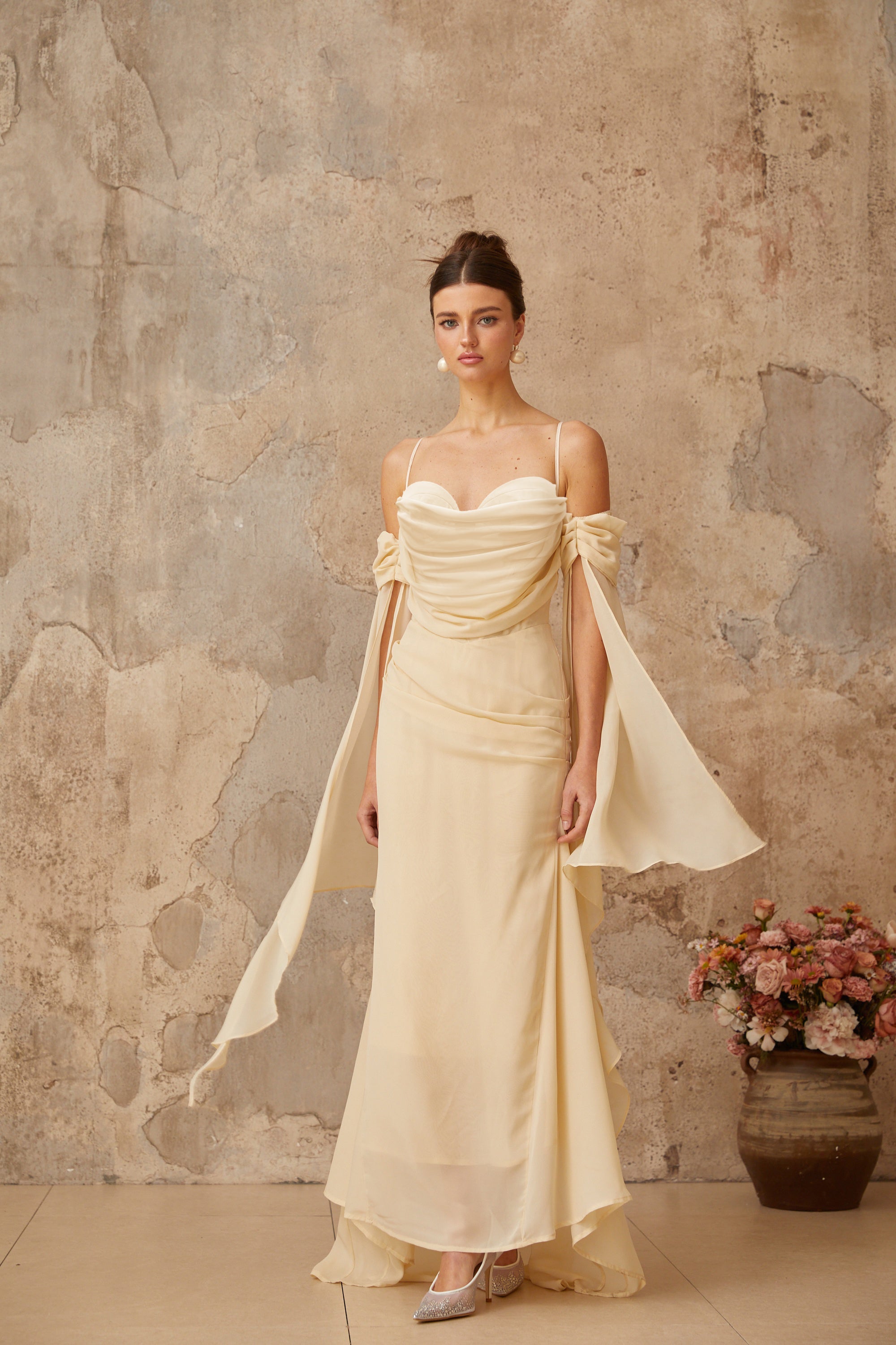 Robe longue en mousseline à volants Mélusine (Vente définitive - États-Unis uniquement)
