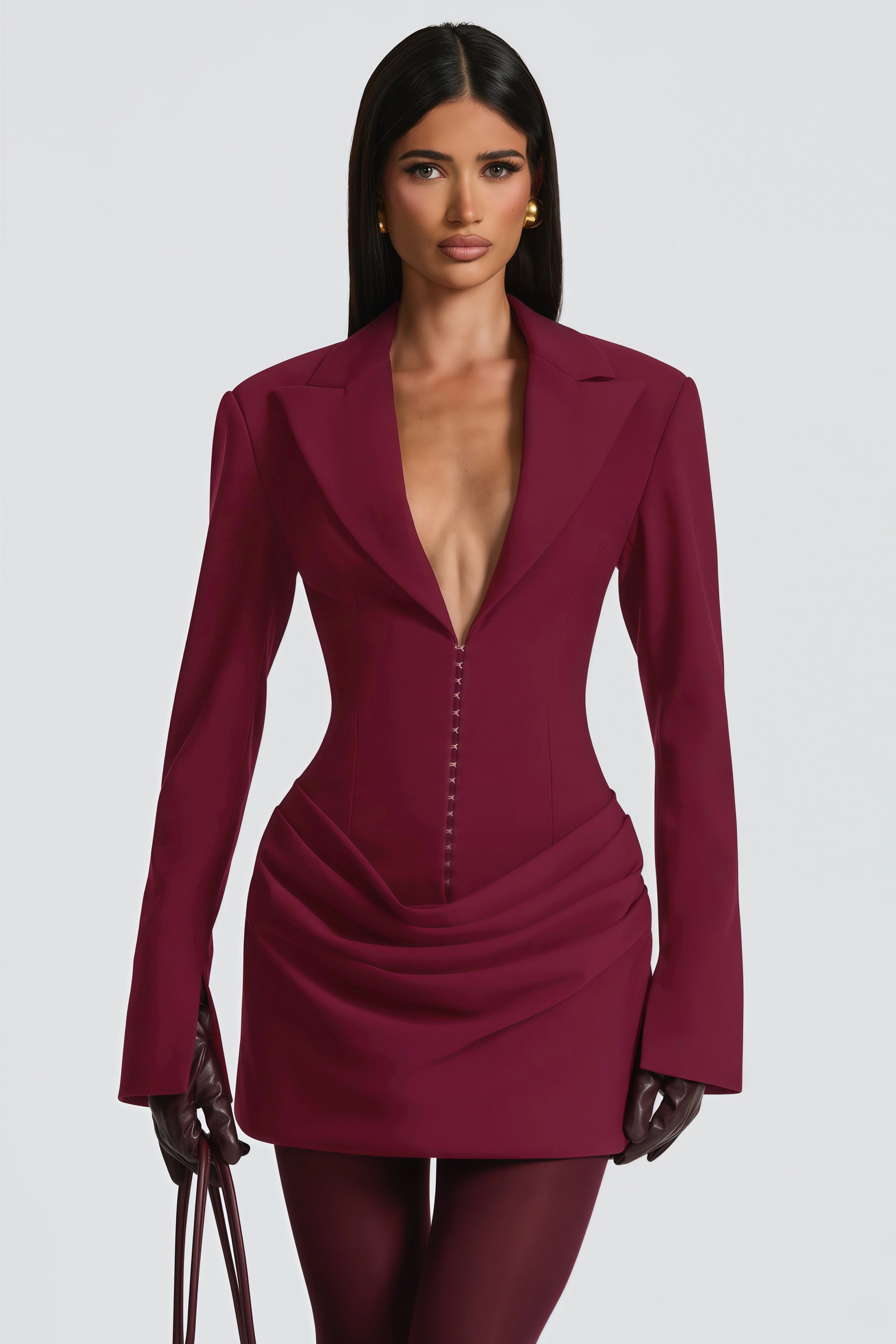 Burgundy long-sleeve blazer mini dress with a draped skirt