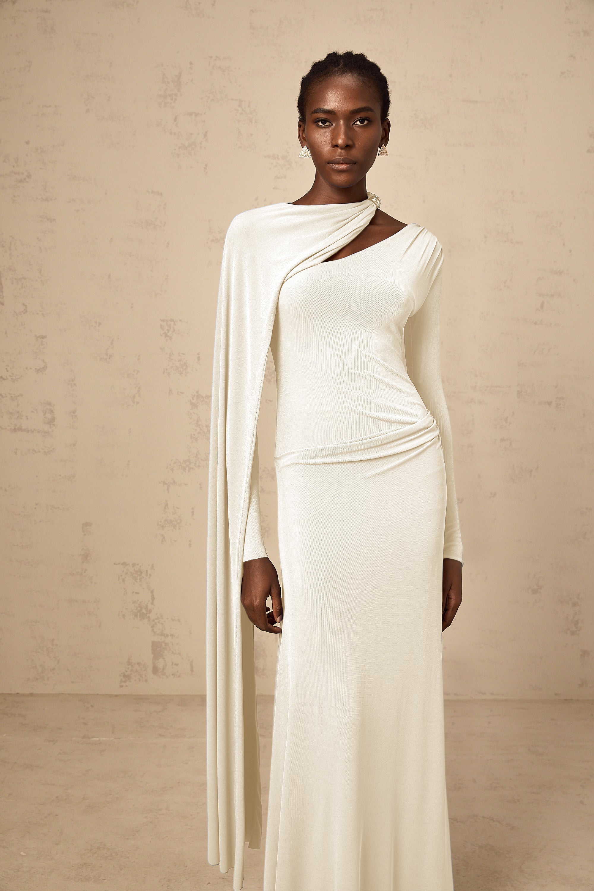 Josette White Diagonal Shawl Fitted Maxi Dress (Final Sale)