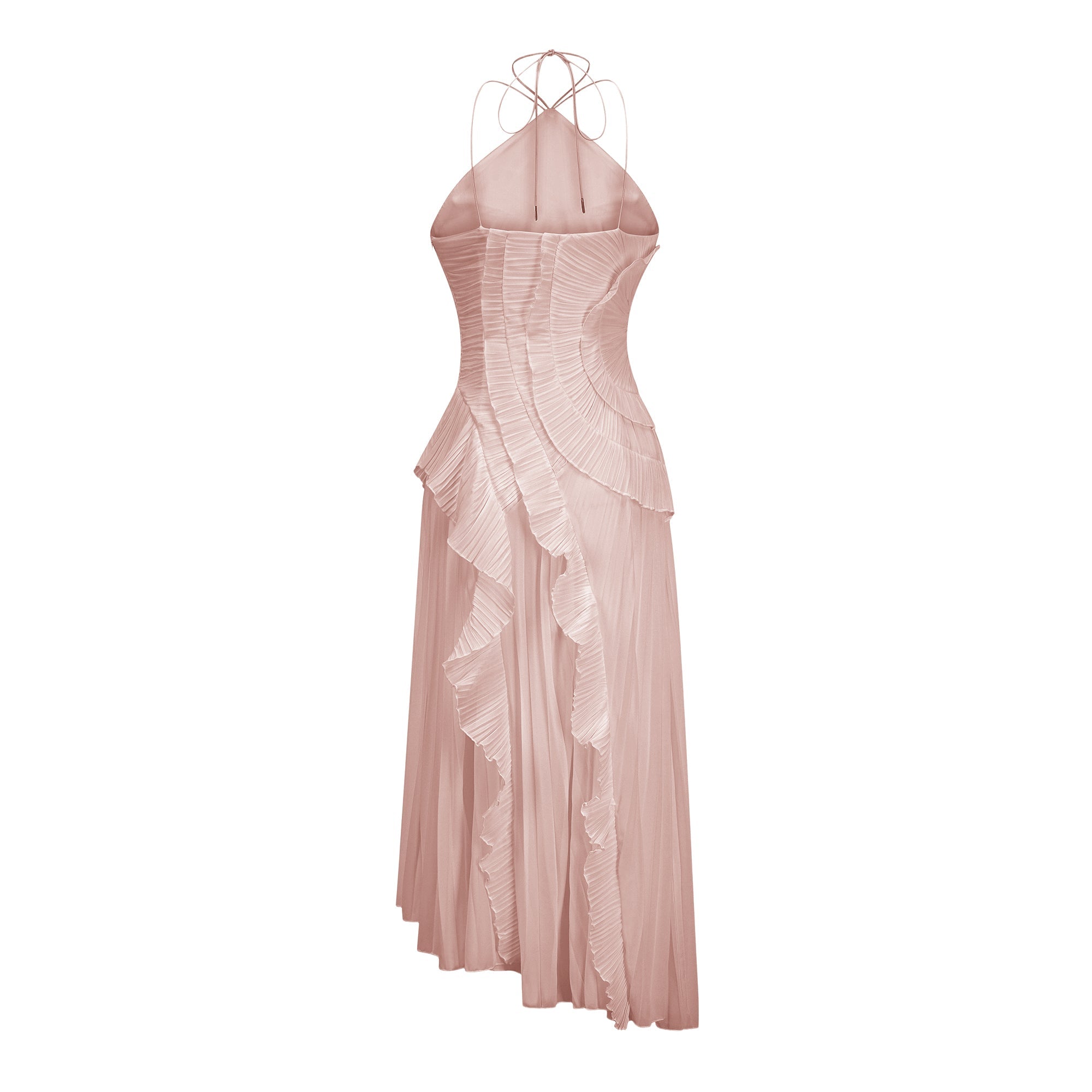 Pink Ruffled Pleated Midi Dress