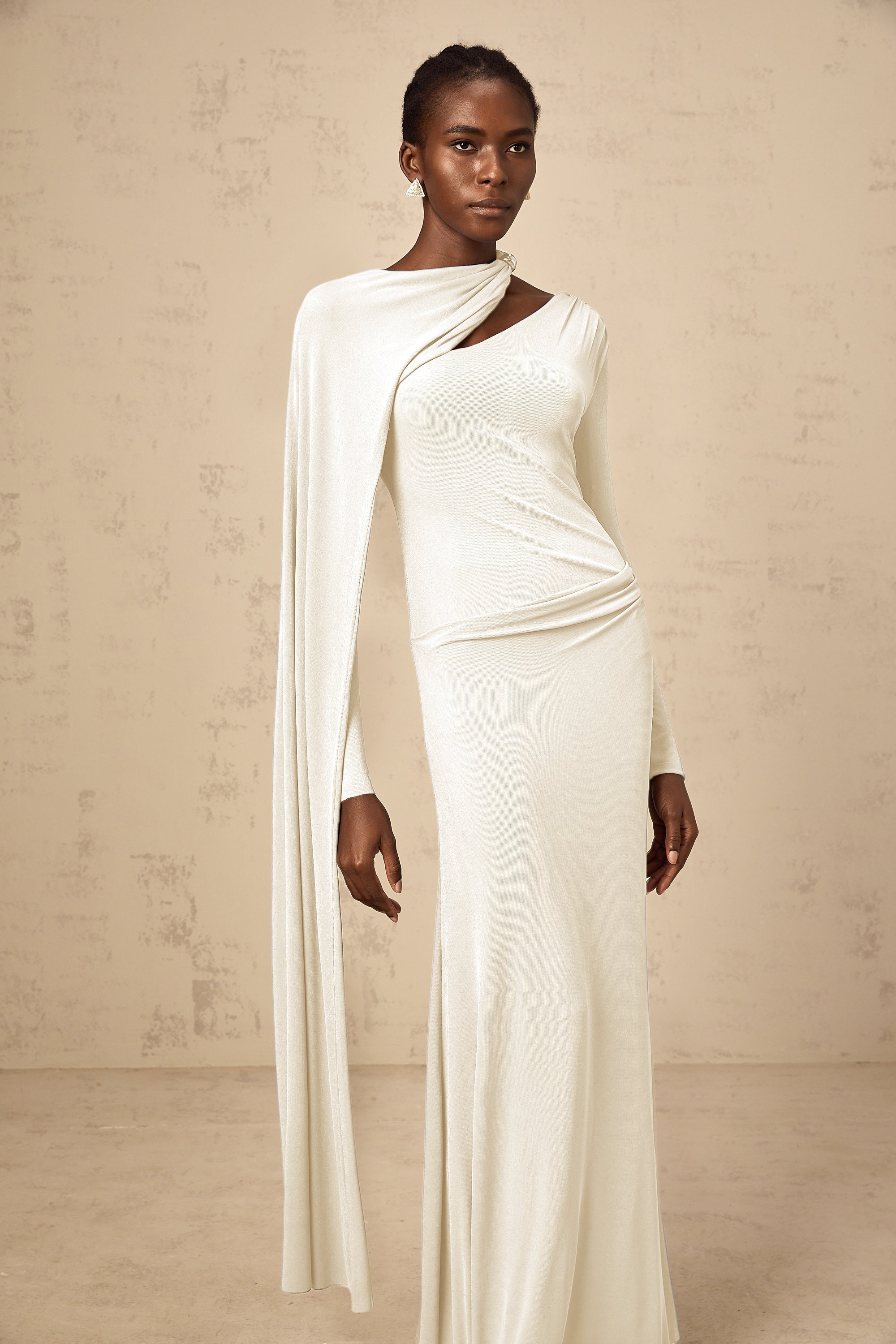 Josette White Diagonal Shawl Fitted Maxi Dress (Final Sale)