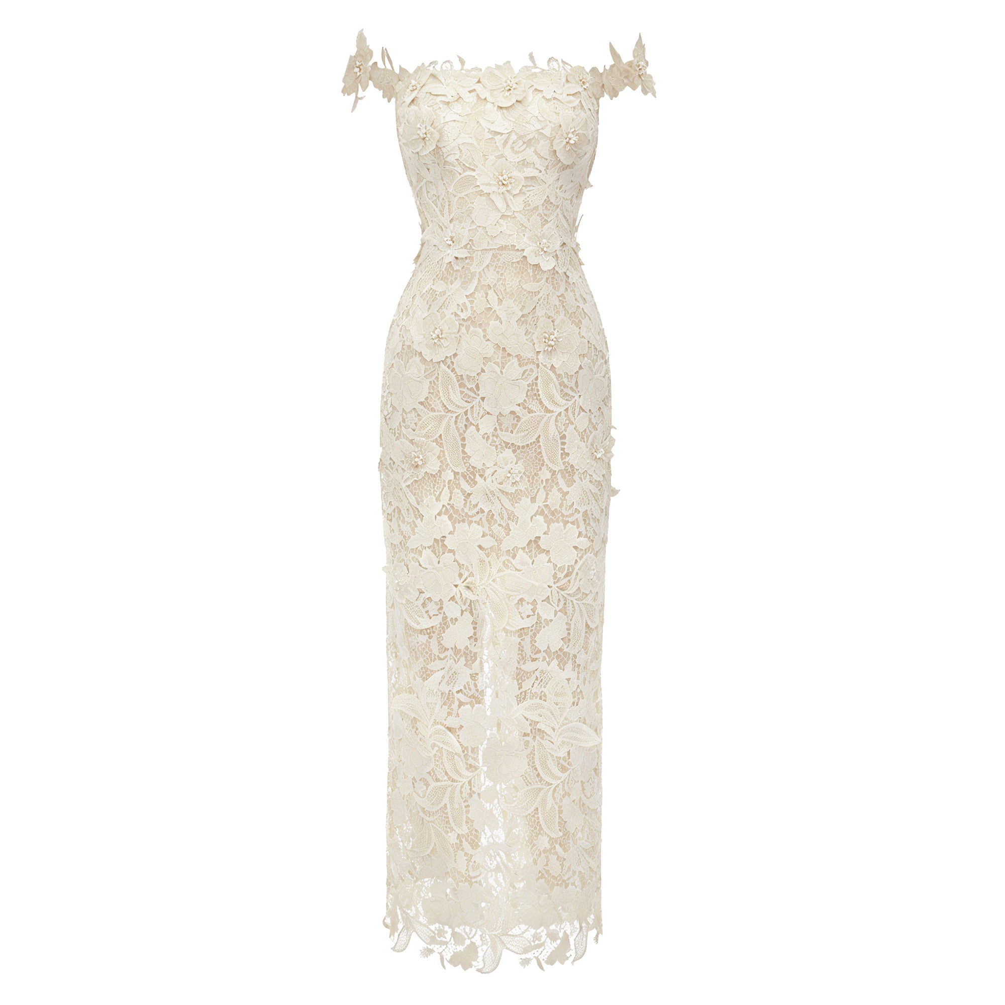 Hecate White Beaded Lace Maxi Dress with 3D Florals (Final Sale)