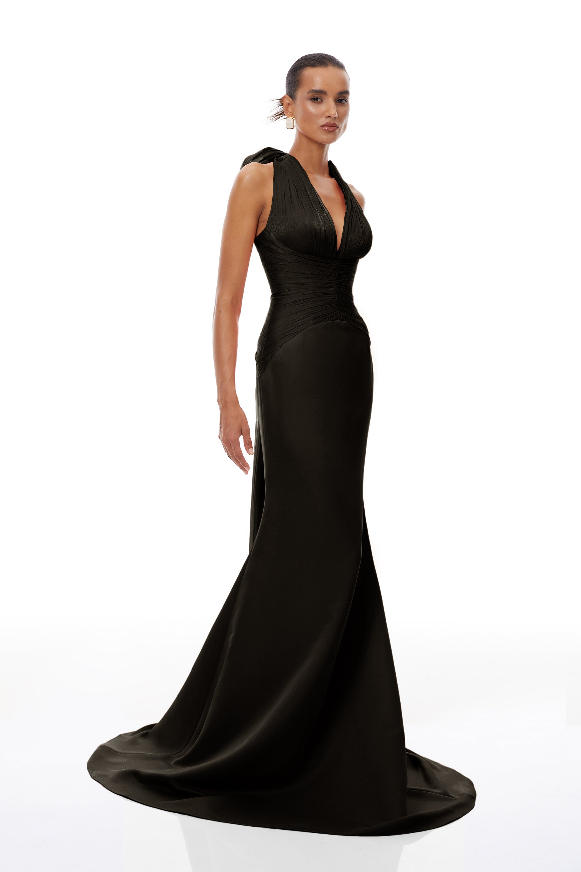 Robe longue froncée « Black Train » d'Emmeline (Vente définitive - États-Unis uniquement)