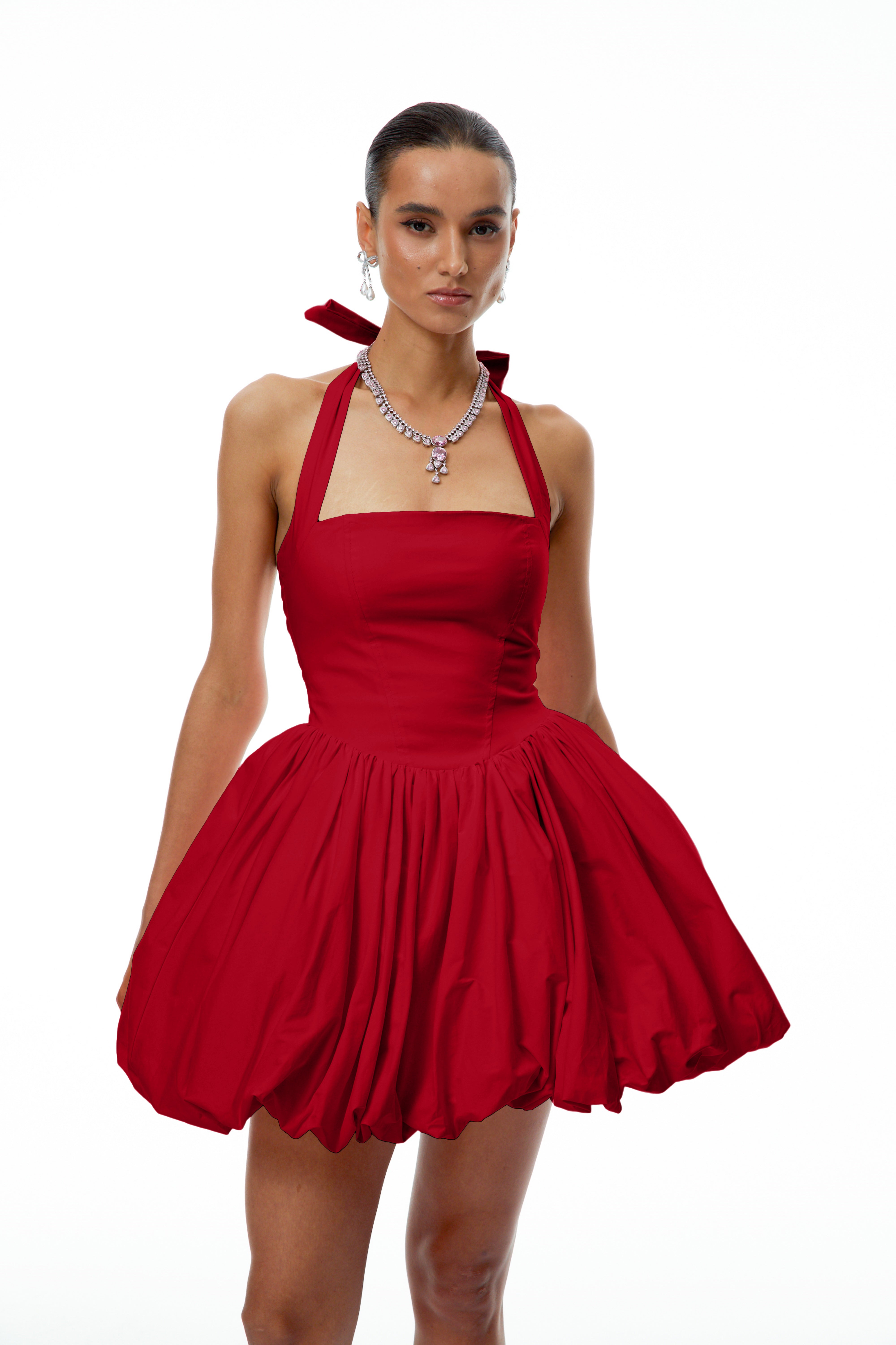 Anaelle Red Shirred Puffball Mini Dress (Final Sale-US Only)