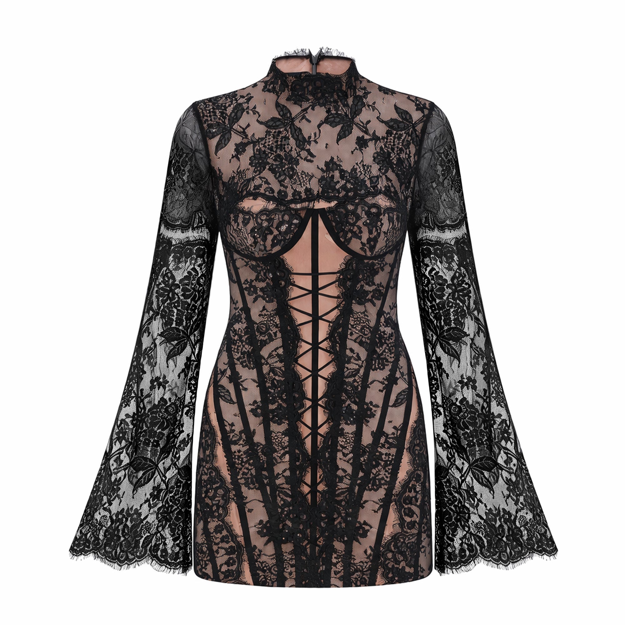 Black lace corset-style mini dress with bell sleeves
