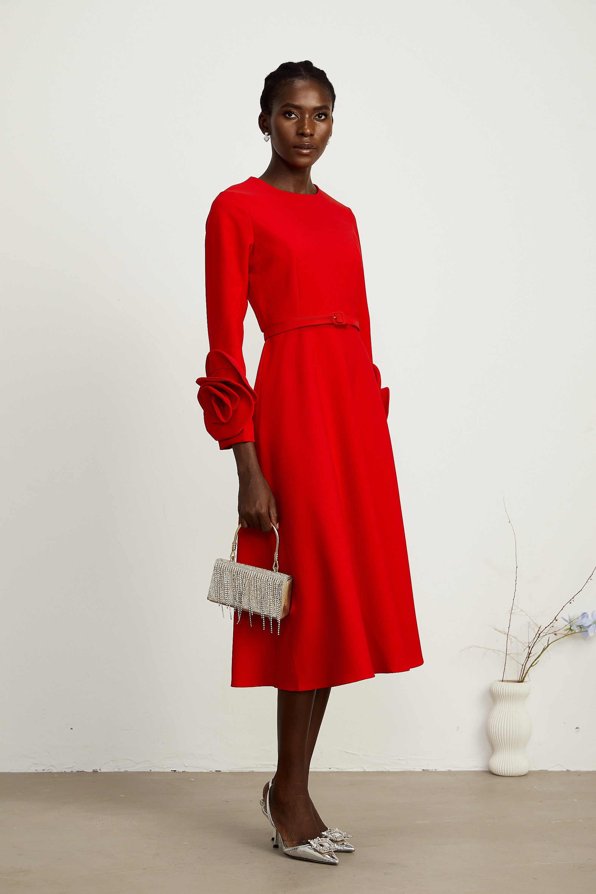 Aurelia red long-sleeve dress with floral embellishments (Final Sale)