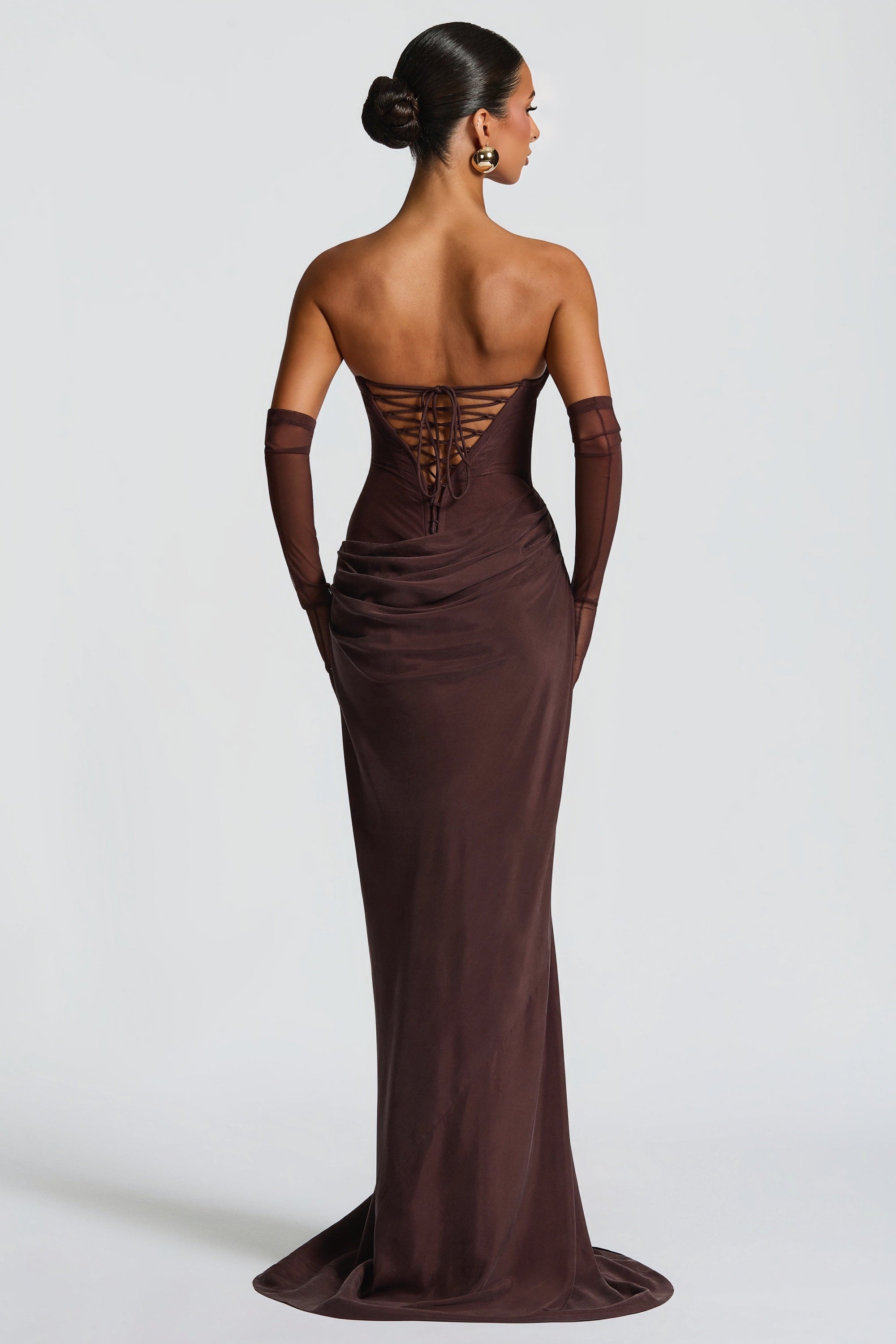 Brown Ruched Corset Maxi Dress