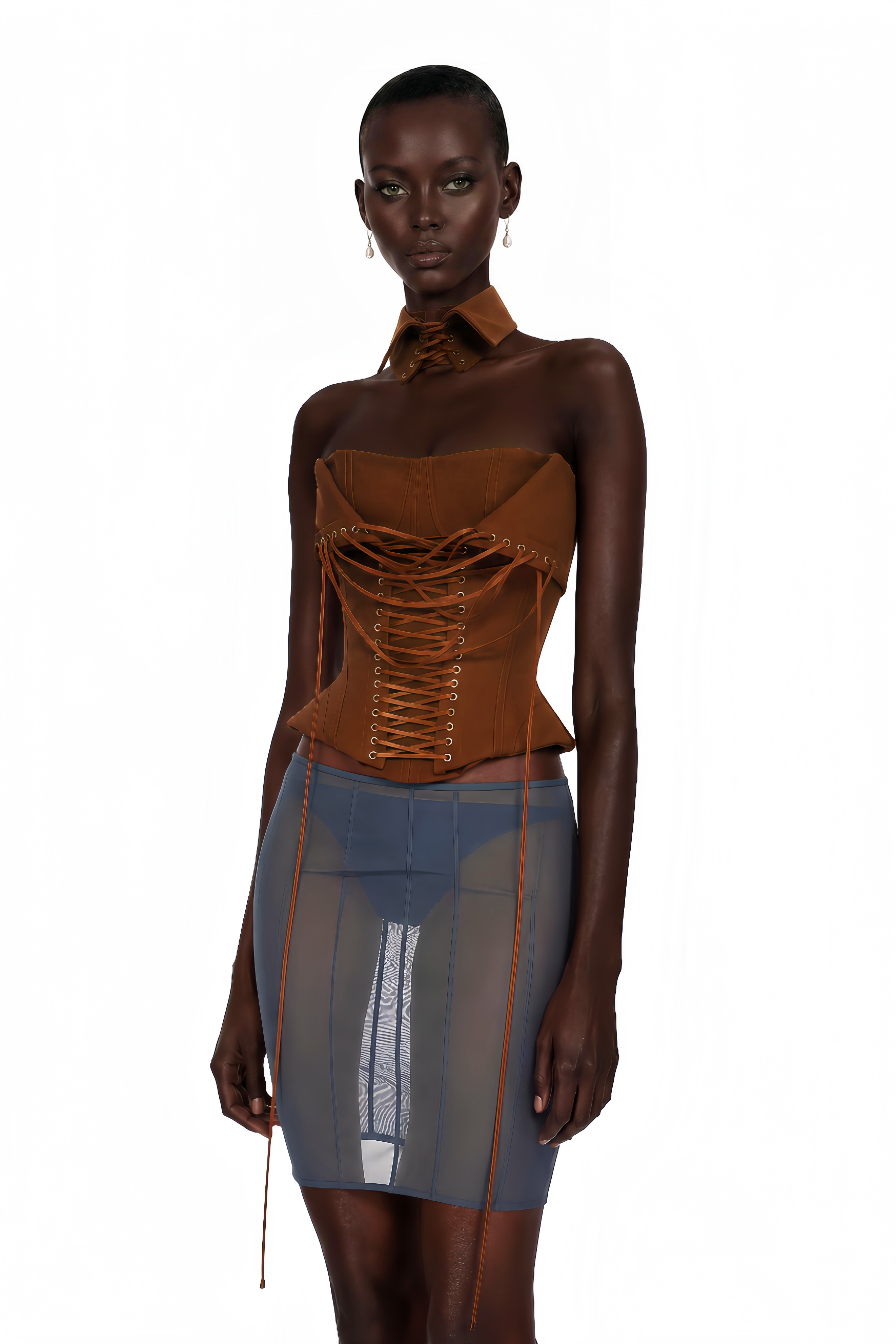 Indre Brown Lace Up Corset Crop Top