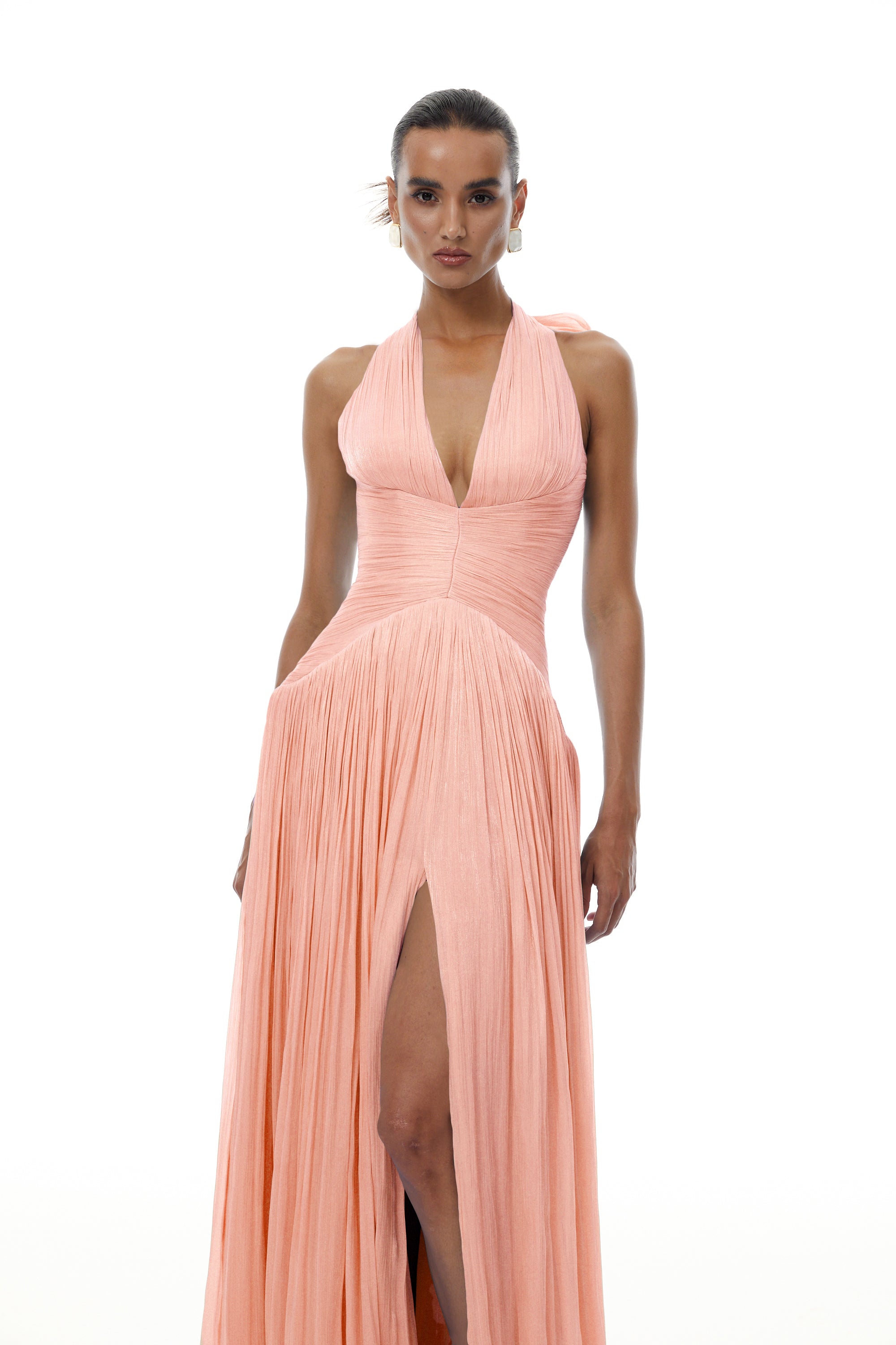 Pink Glossy Gathered Maxi Dress