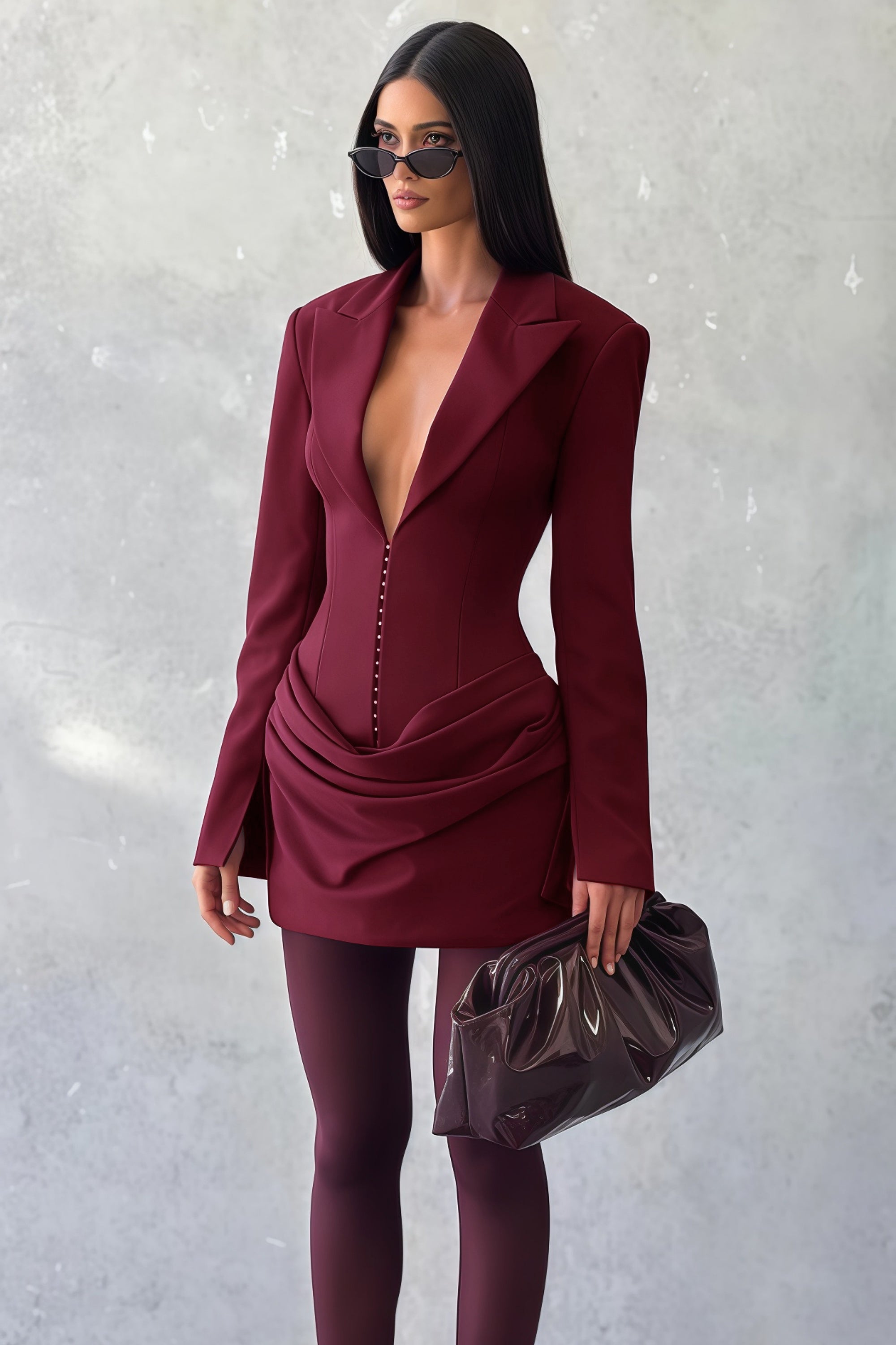 Burgundy long-sleeve blazer mini dress with a draped skirt