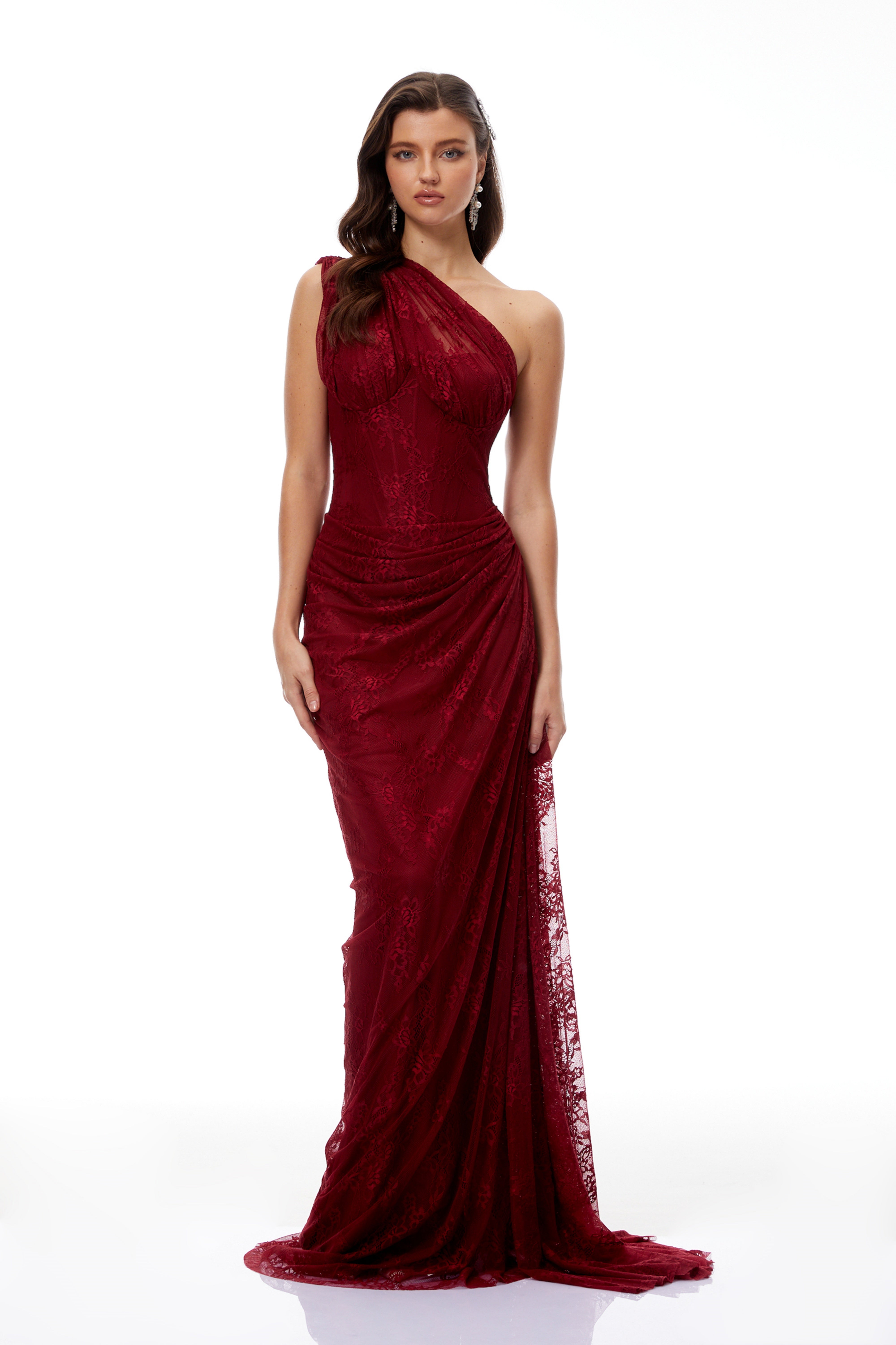 One Shoulder Lace Dress in Burgundy