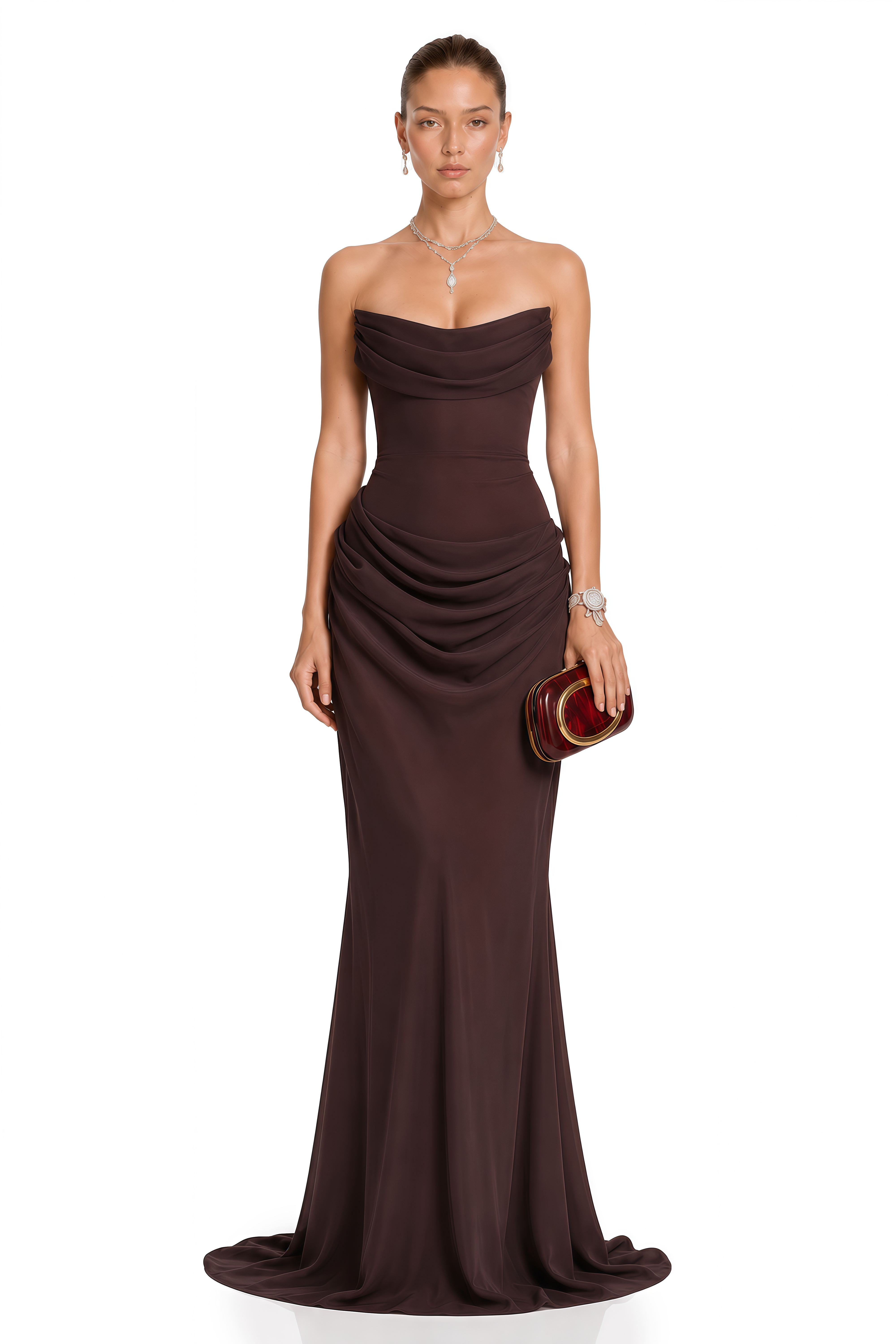 Vedette Brown Ruched Corset Maxi Dress (Without Gloves)