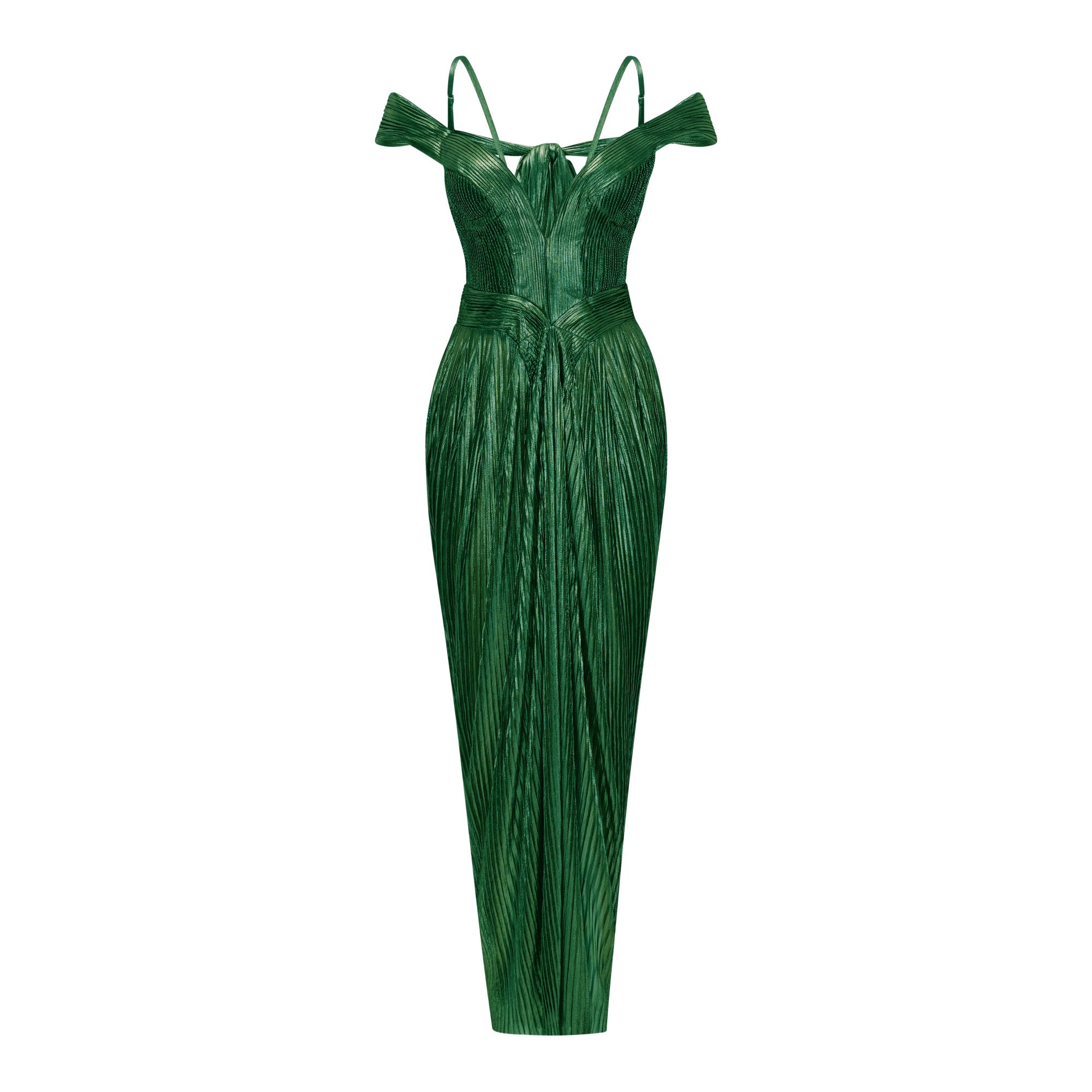 Emerald green metallic pleated maxi dress featuring a plunging V-neckline with off-the-shoulder straps