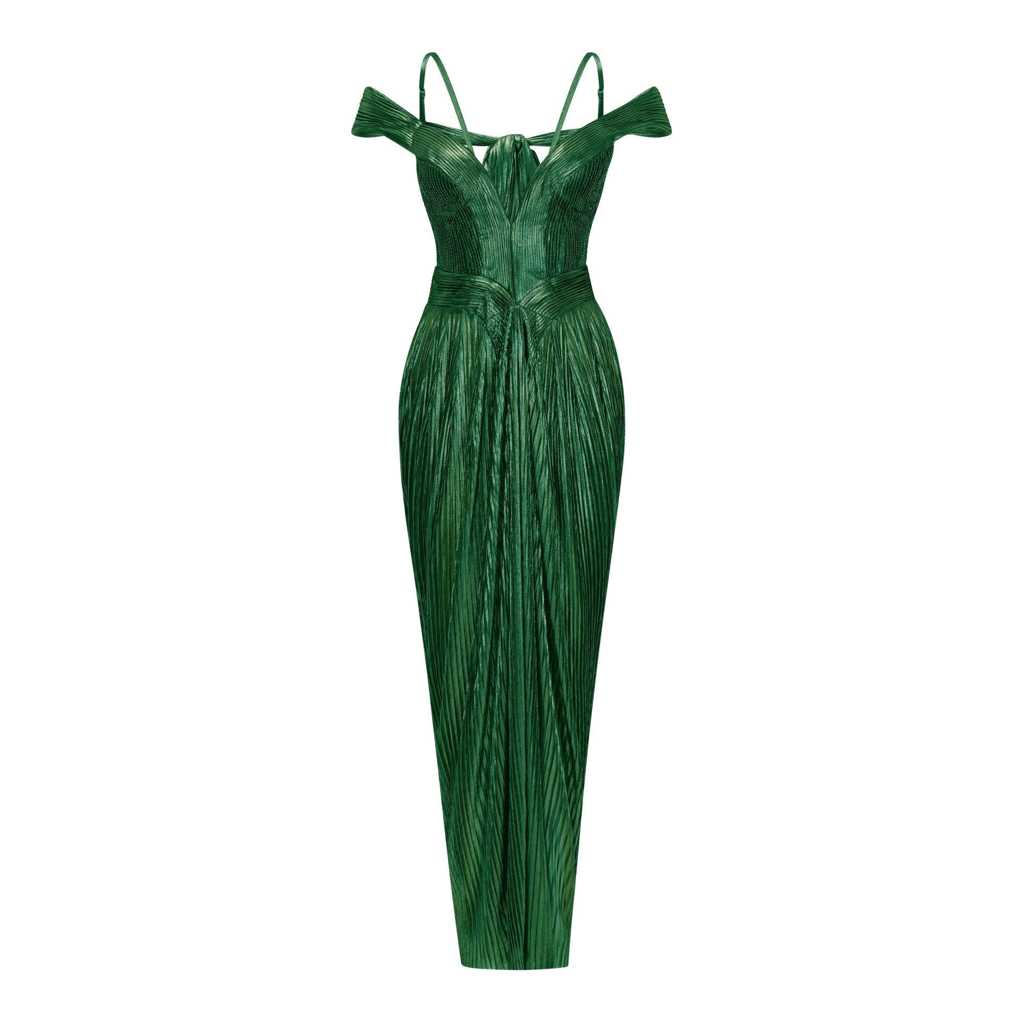Emerald green metallic pleated maxi dress featuring a plunging V-neckline with off-the-shoulder straps