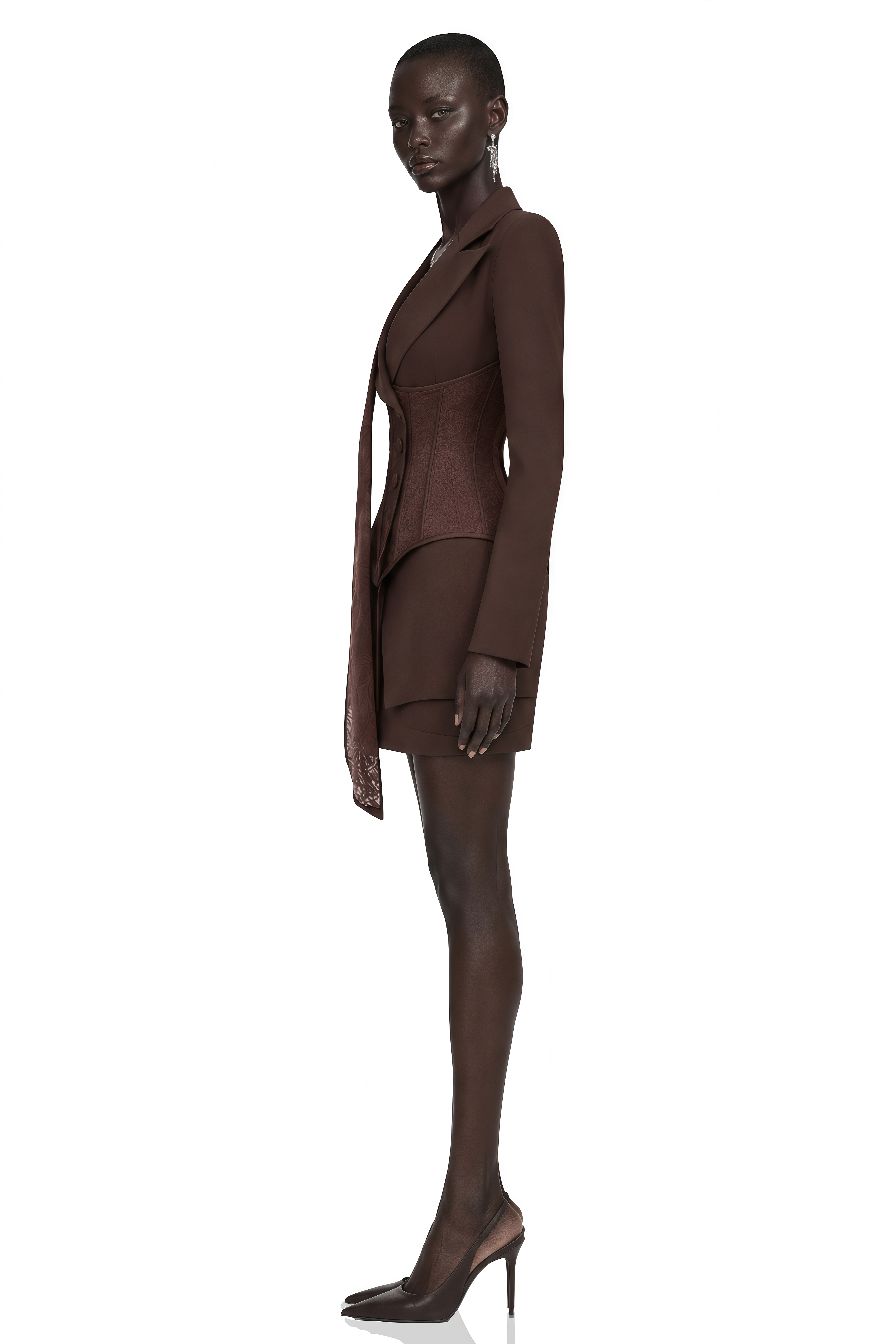 Ensemble blazer et jupe marron Sienna avec empiècements en dentelle