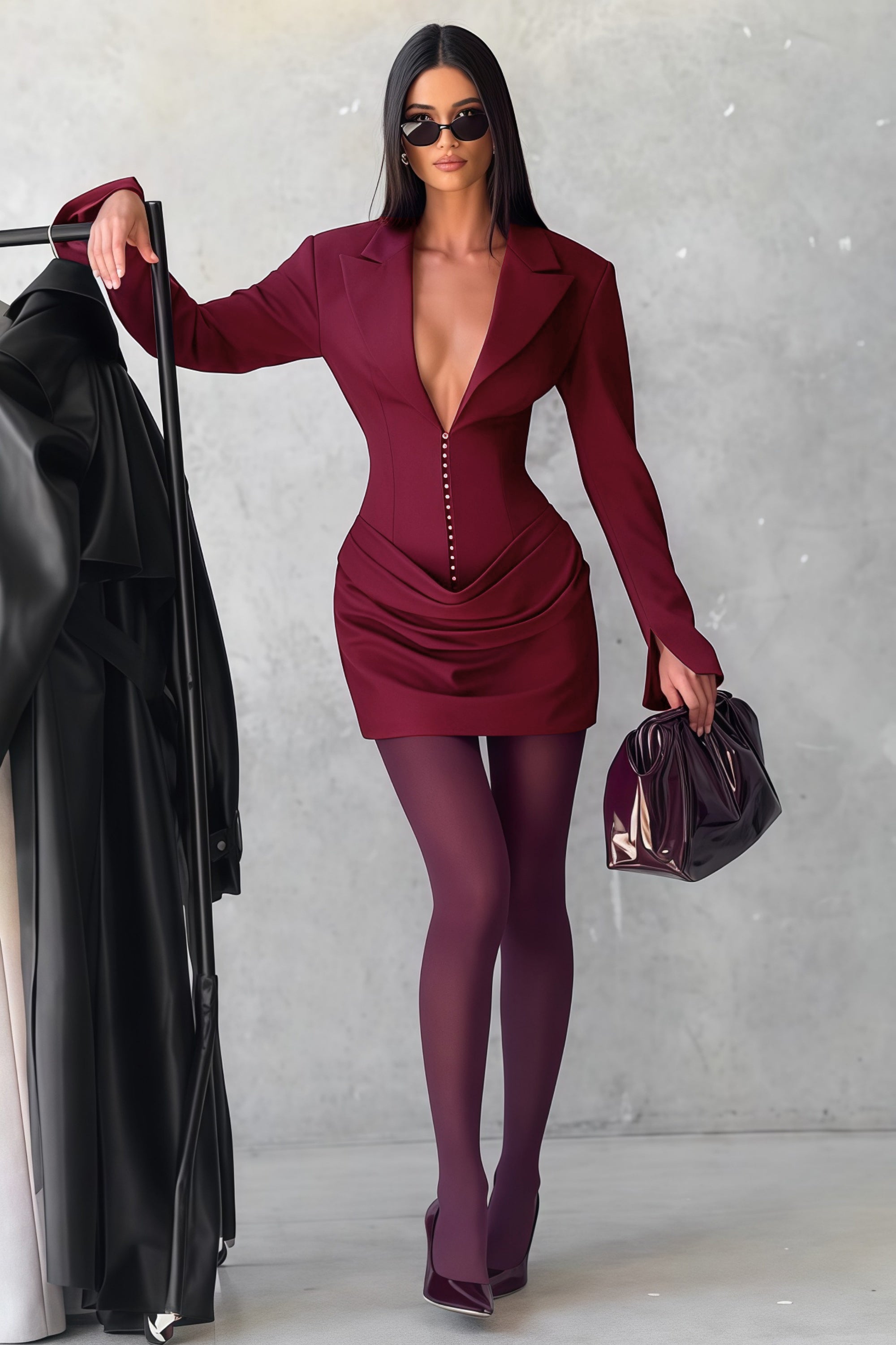 Burgundy long-sleeve blazer mini dress with a draped skirt