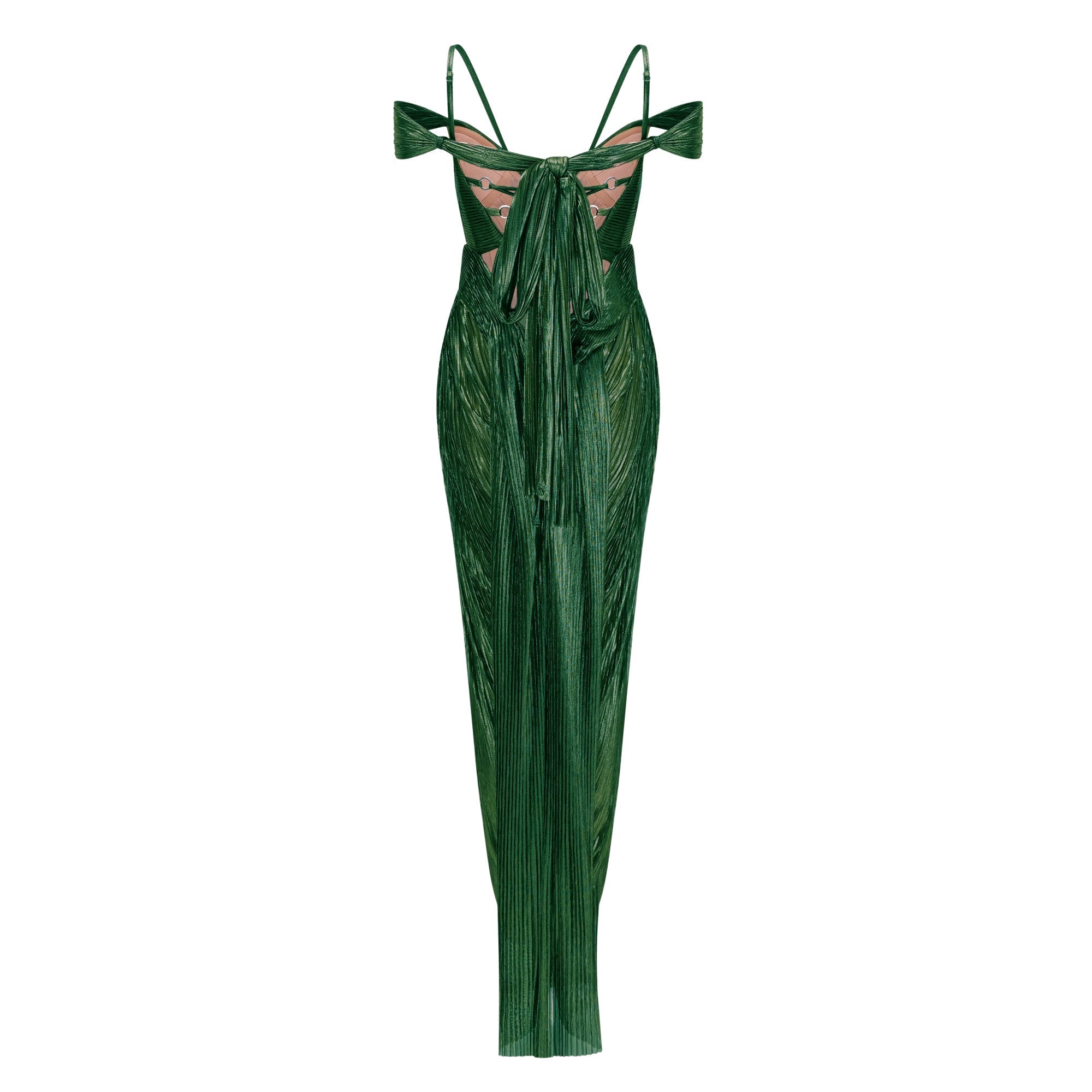 Emerald green metallic pleated maxi dress featuring a plunging V-neckline with off-the-shoulder straps