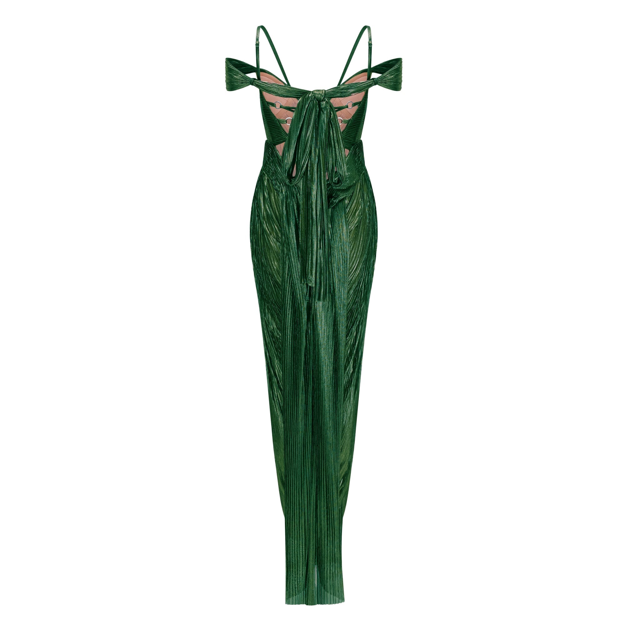 Emerald green metallic pleated maxi dress featuring a plunging V-neckline with off-the-shoulder straps
