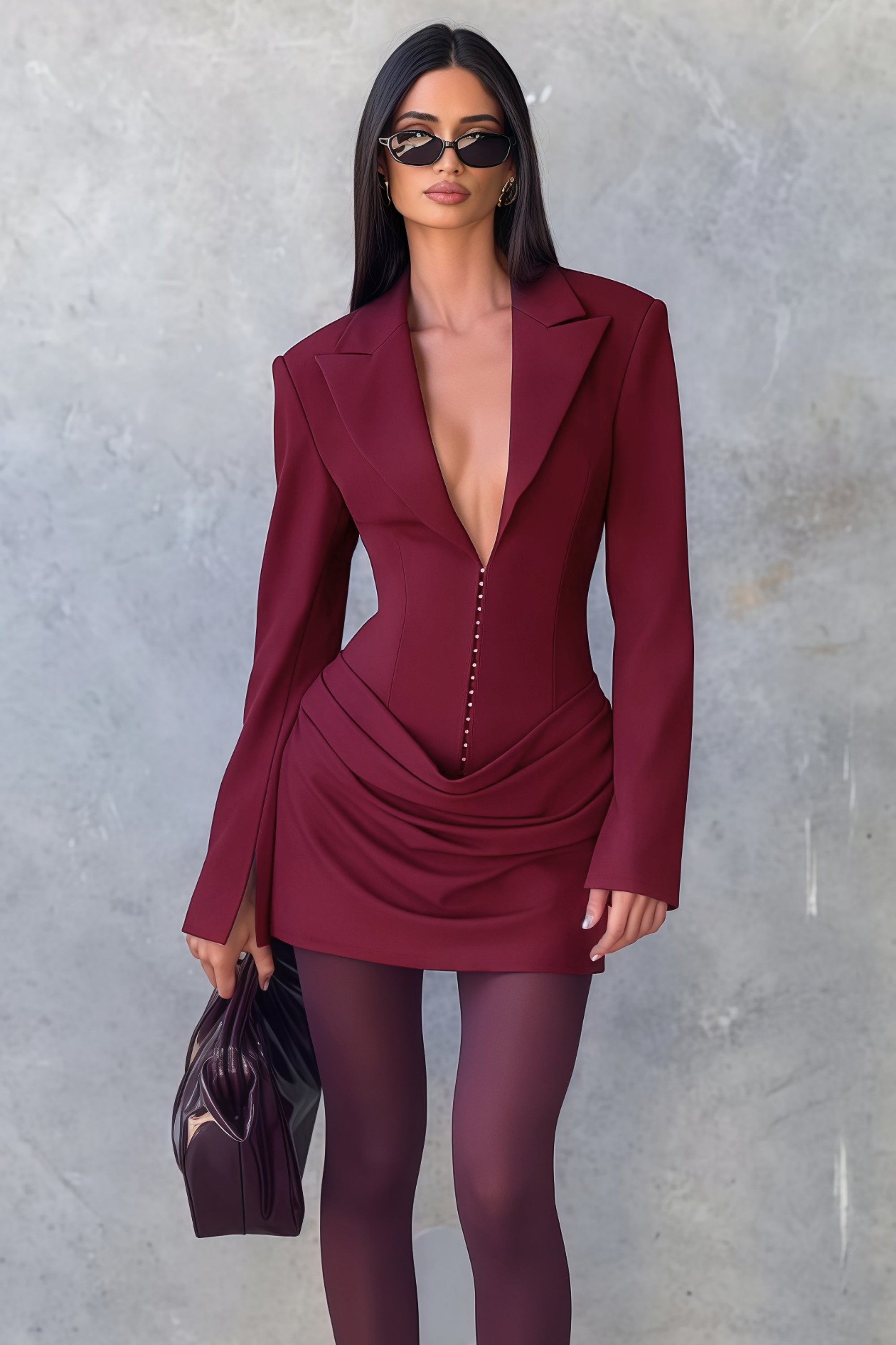 Burgundy long-sleeve blazer mini dress with a draped skirt