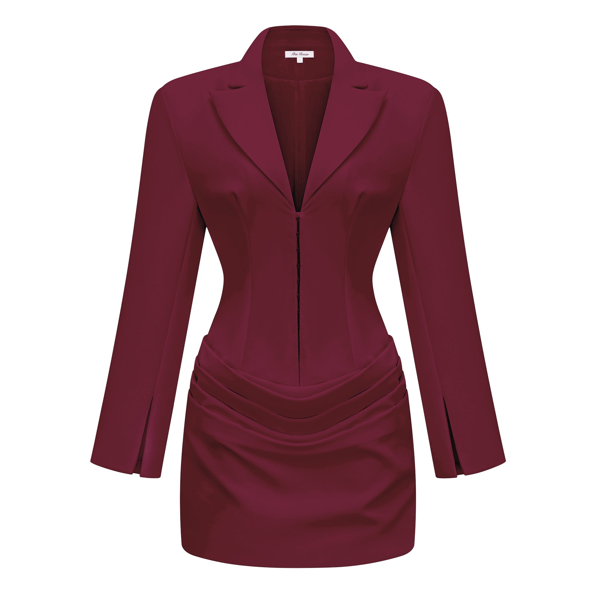 Burgundy long-sleeve blazer mini dress with a draped skirt