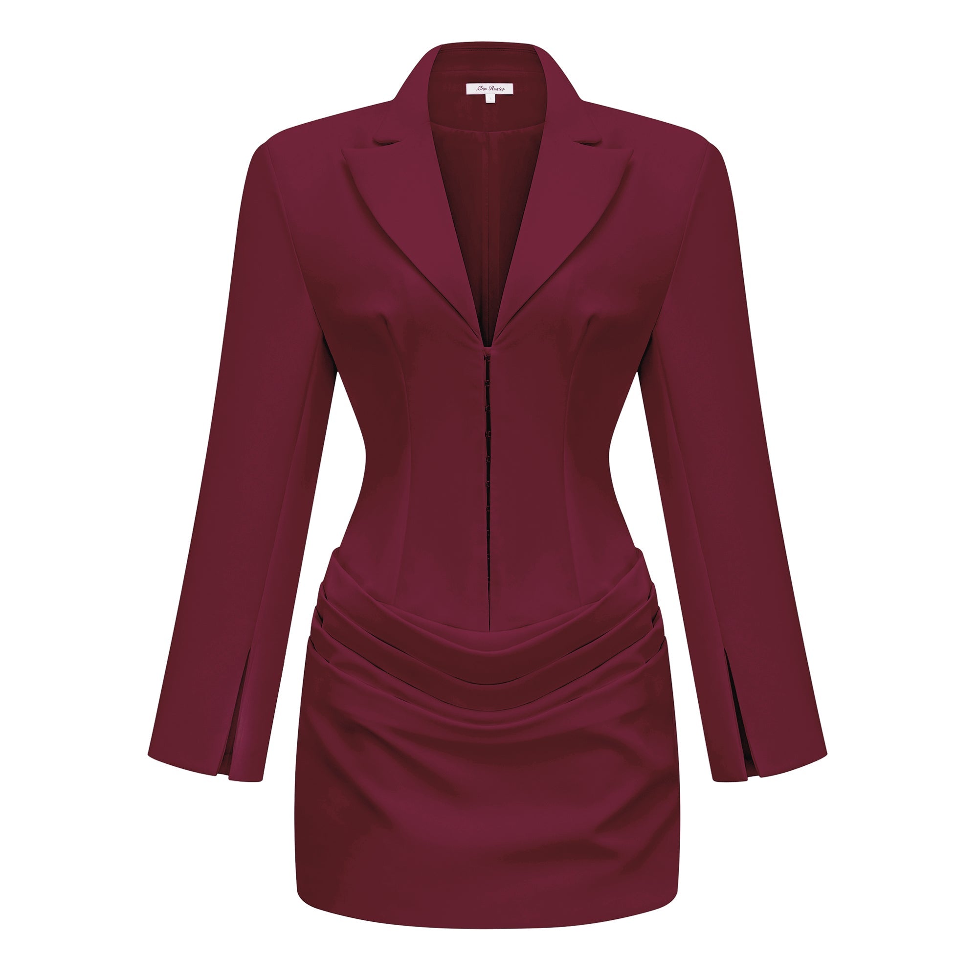 Burgundy long-sleeve blazer mini dress with a draped skirt