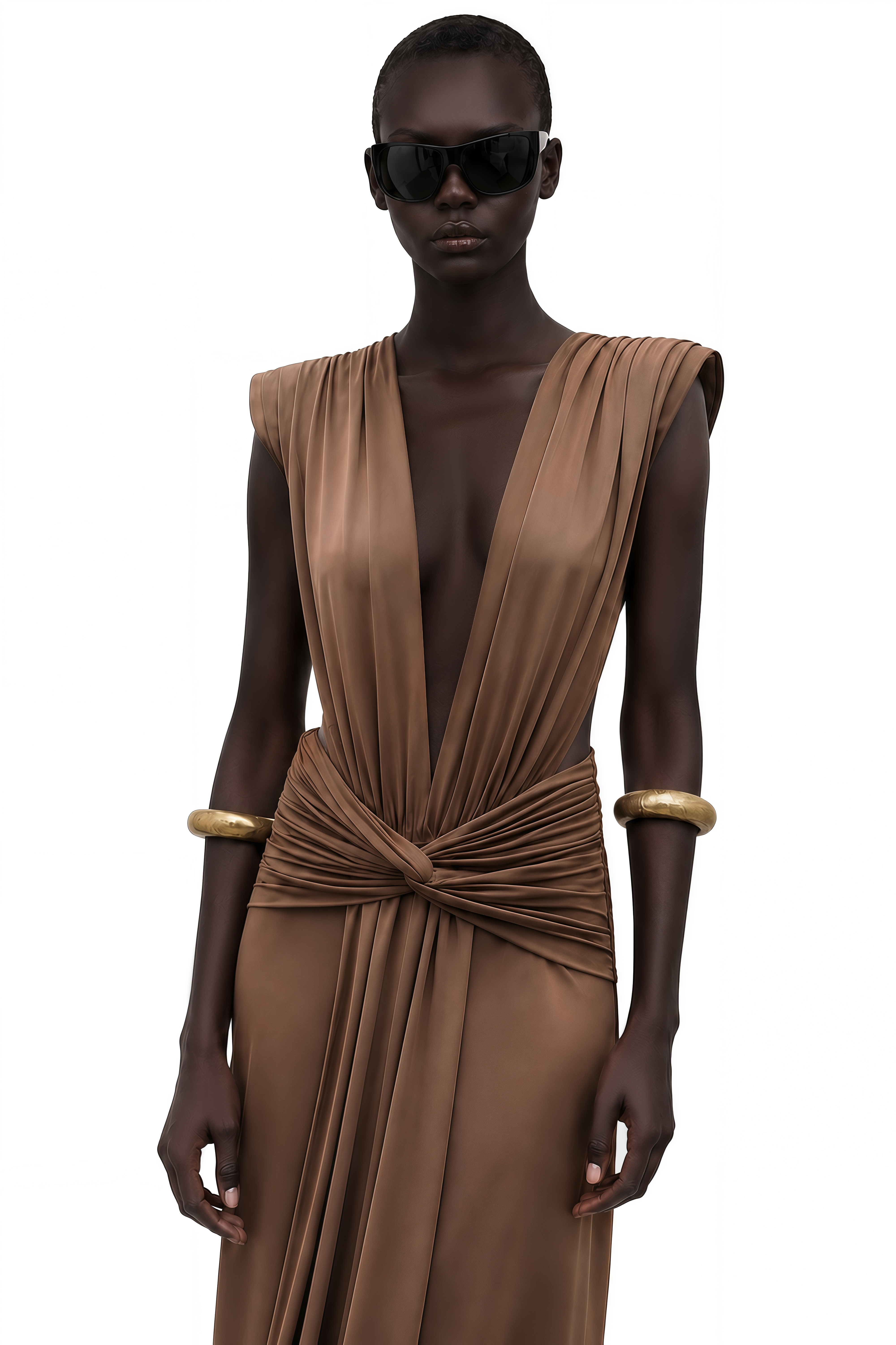Else Brown Deep V-Neck Twisted Maxi Dress