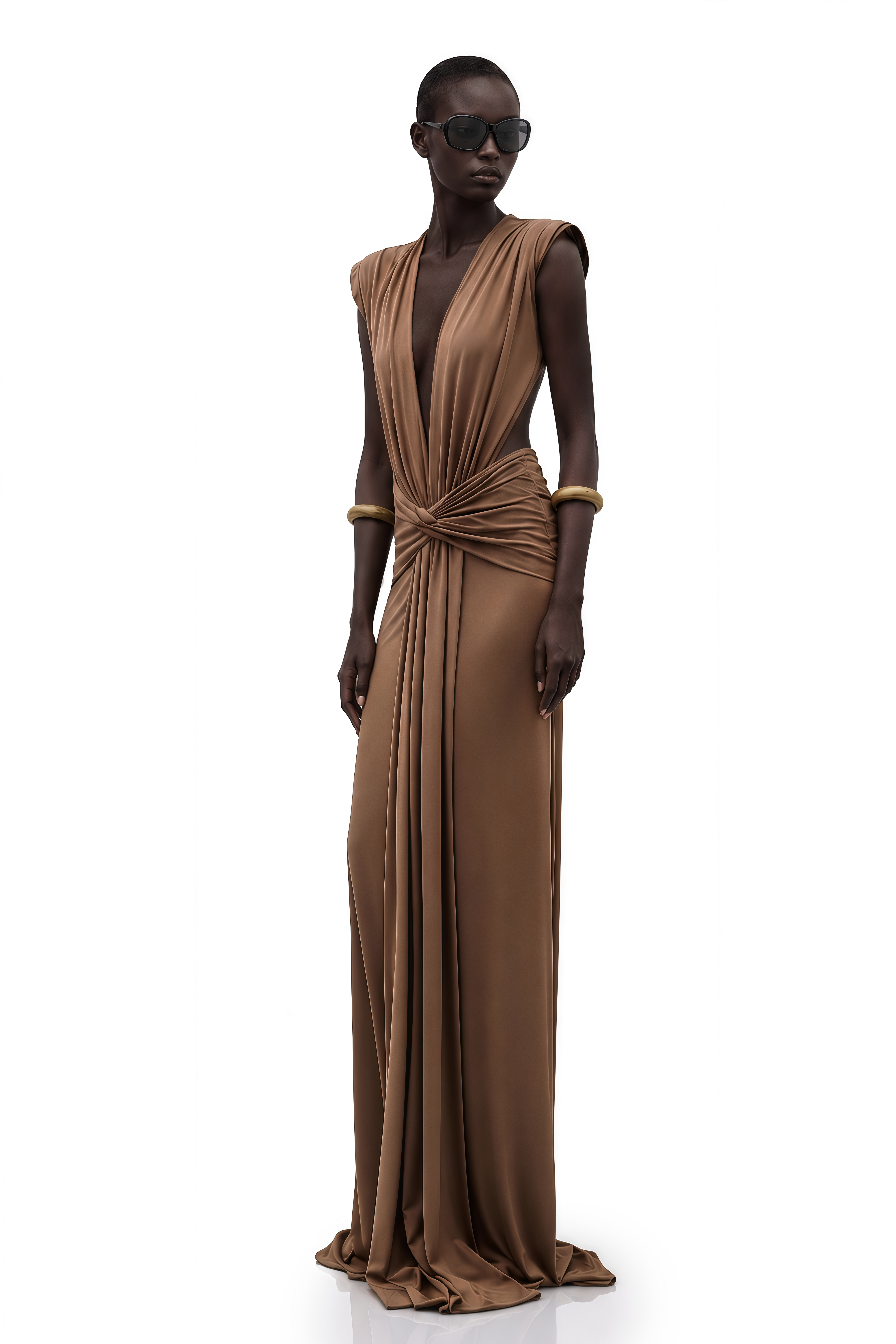 Else Brown Deep V-Neck Twisted Maxi Dress