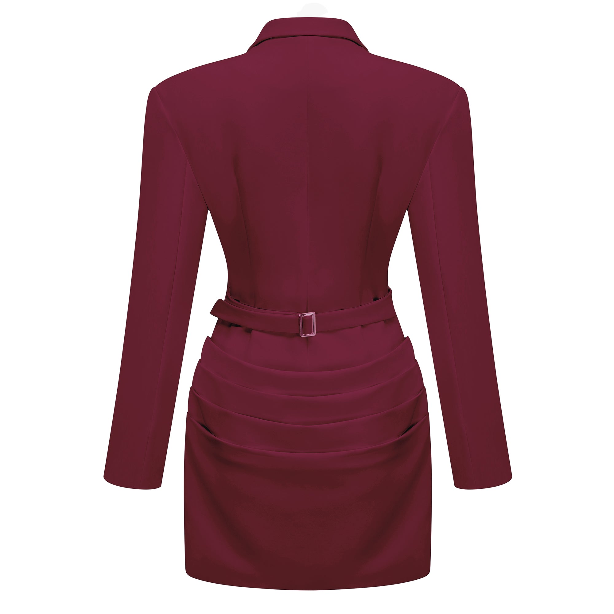 Burgundy long-sleeve blazer mini dress with a draped skirt