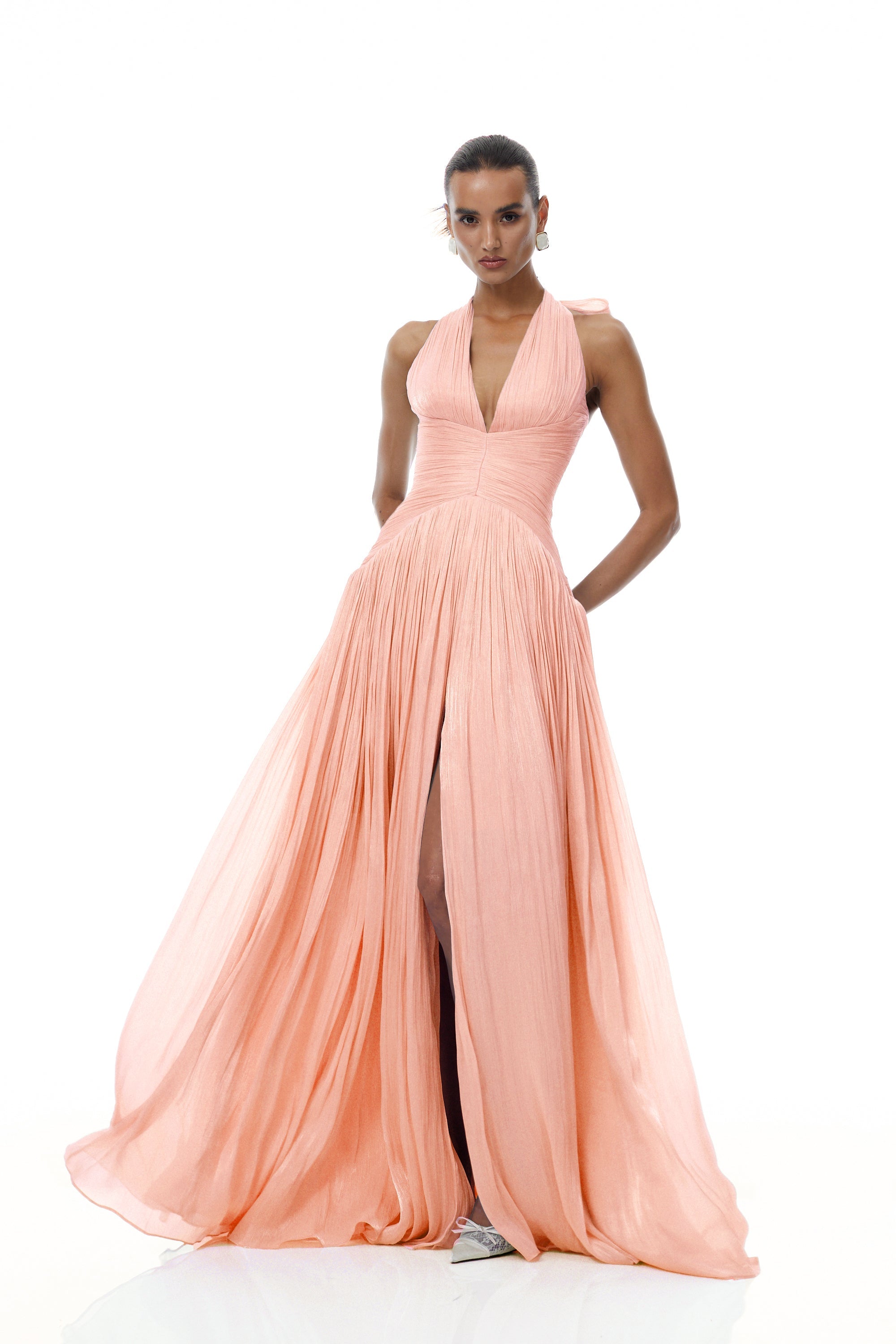 Pink Glossy Gathered Maxi Dress