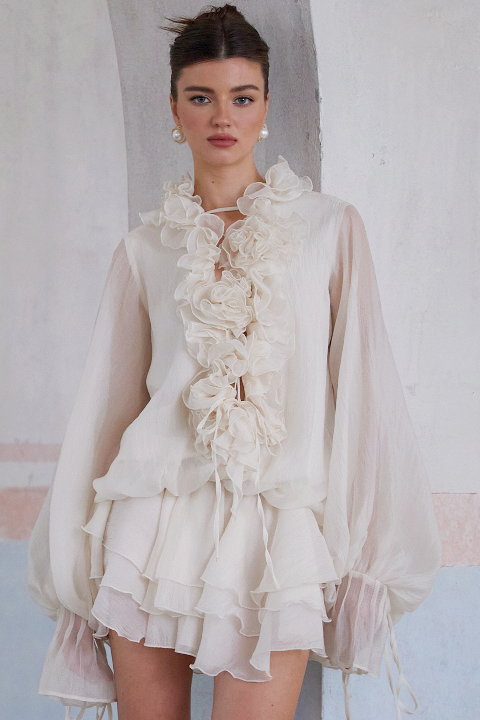Zéphyrine Floral-Appliqué Tiered Mini Dress in Neutrals (Final Sale-US Only)