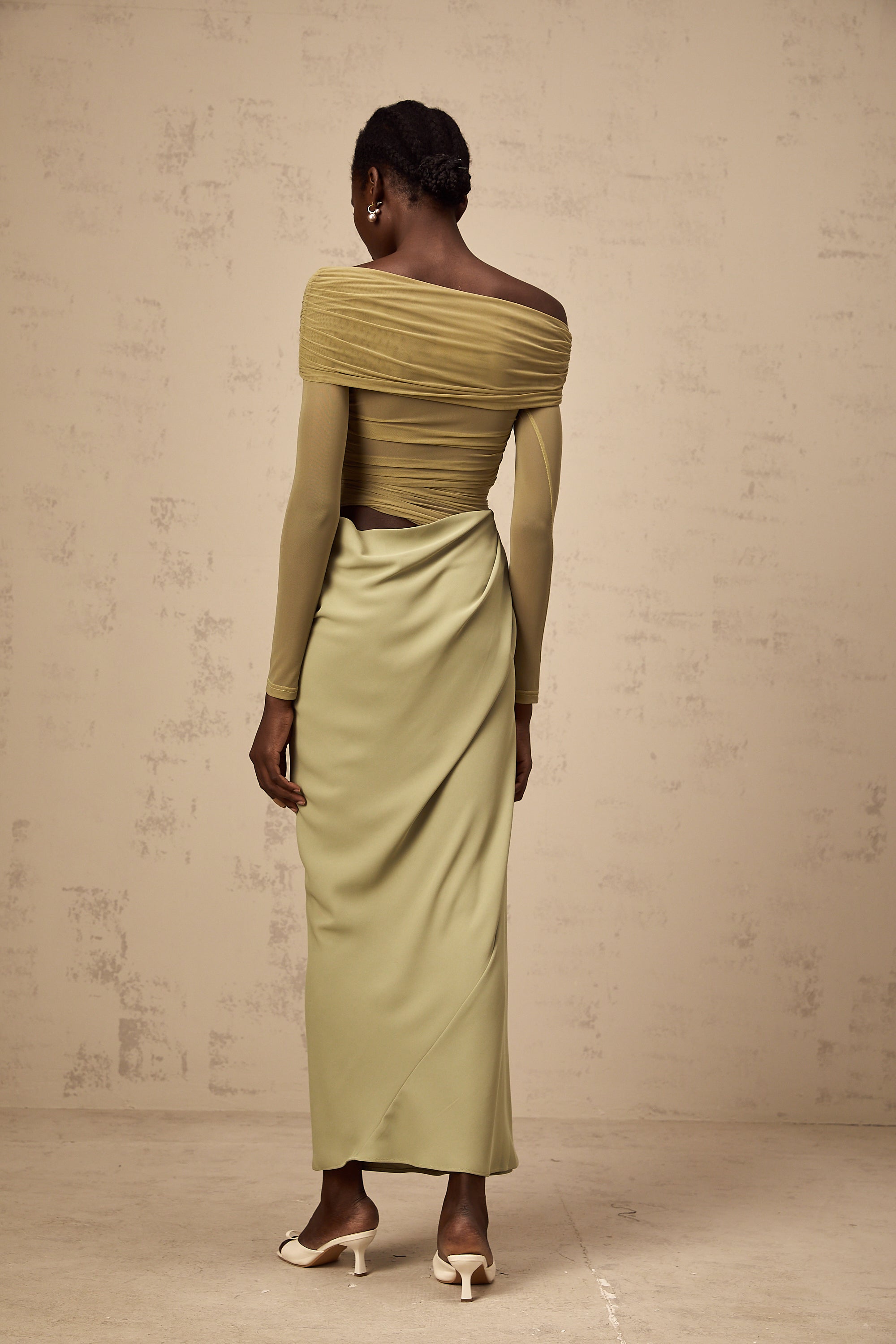Estelle off-shoulder semi-sheer midi dress in Green (Final Sale)