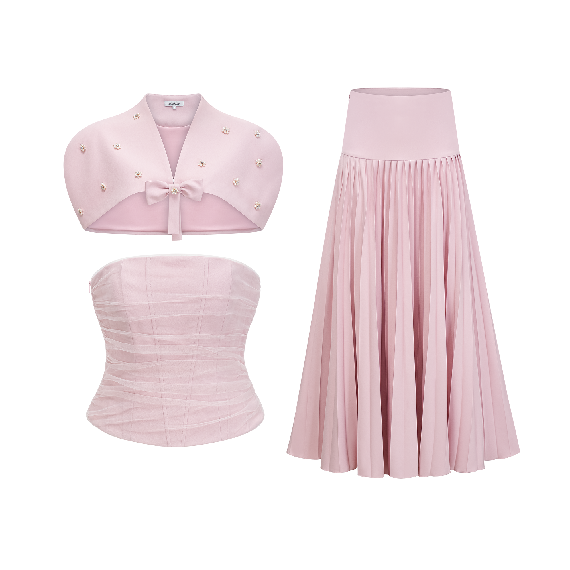Rhinestone-Adorned Corset & Bolero & Pleated Skirt