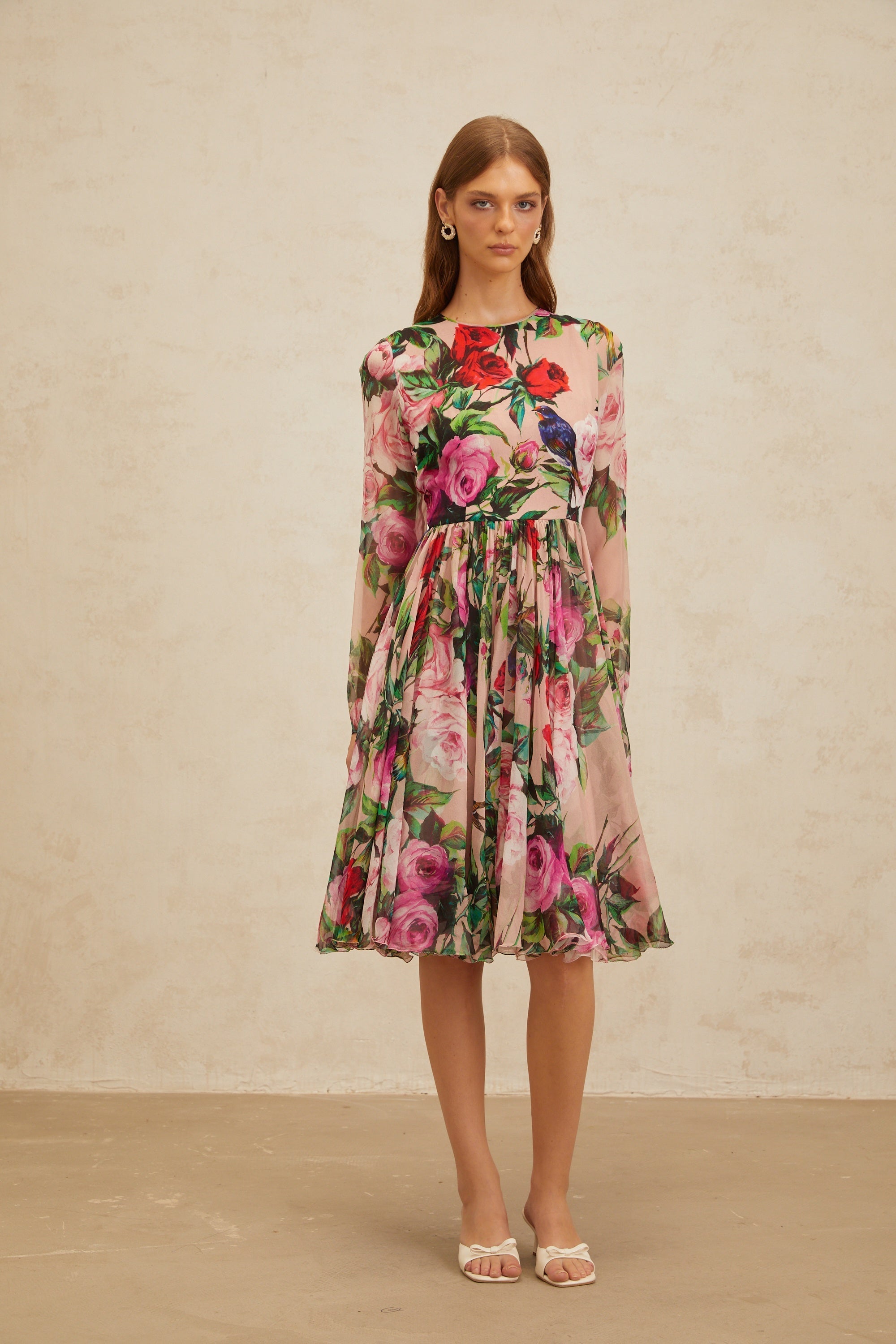 Coralie Pink Rose Print Summer Silk Midi Dress (Final Sale-US Only)