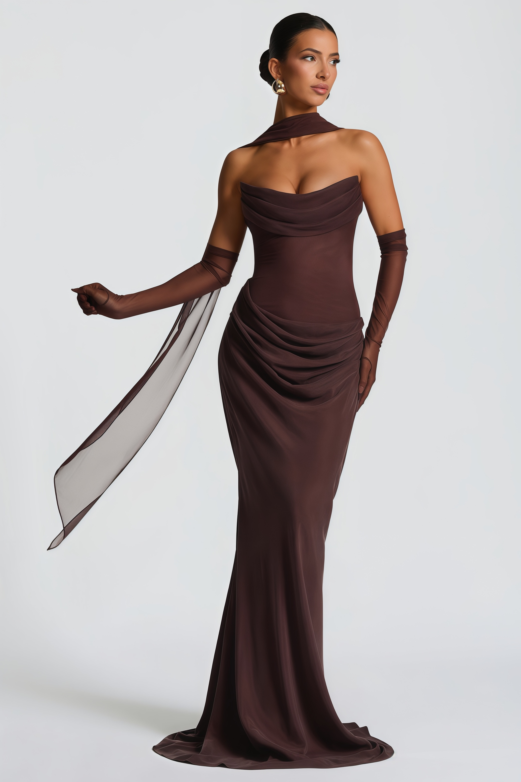 Brown Ruched Corset Maxi Dress