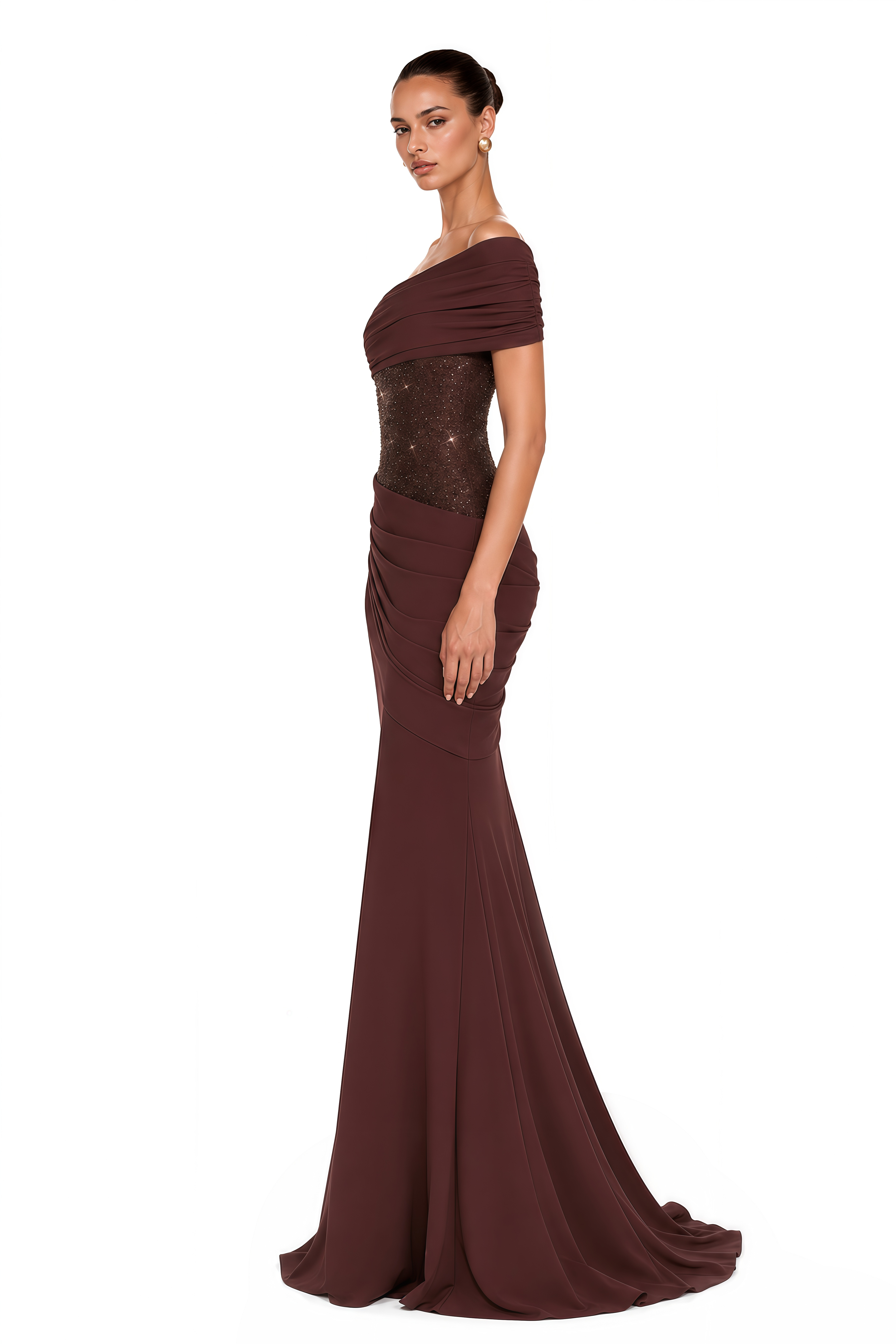 Giada Brown Sequined Asymmetrical Ruched Maxi Gown (Final Sale-US Only)