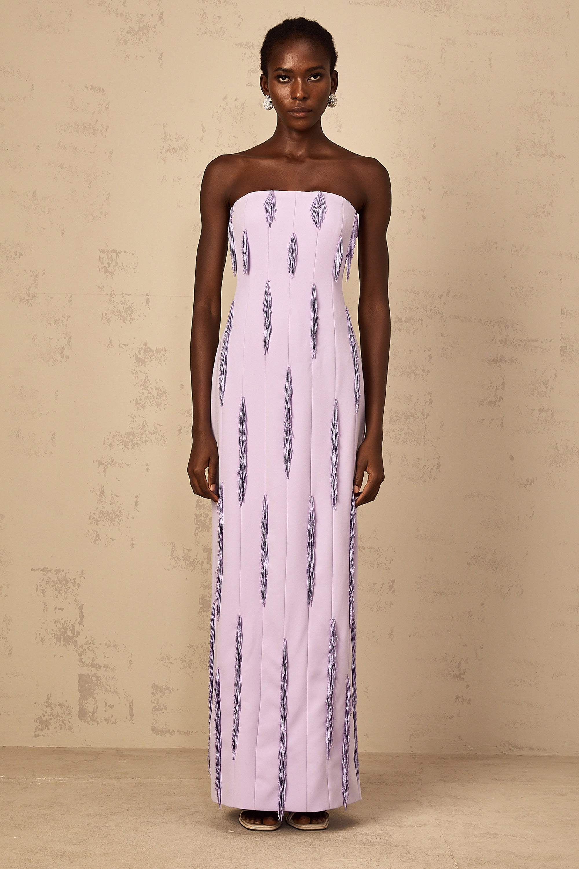Lavender strapless maxi dress with vertical fringe detailing