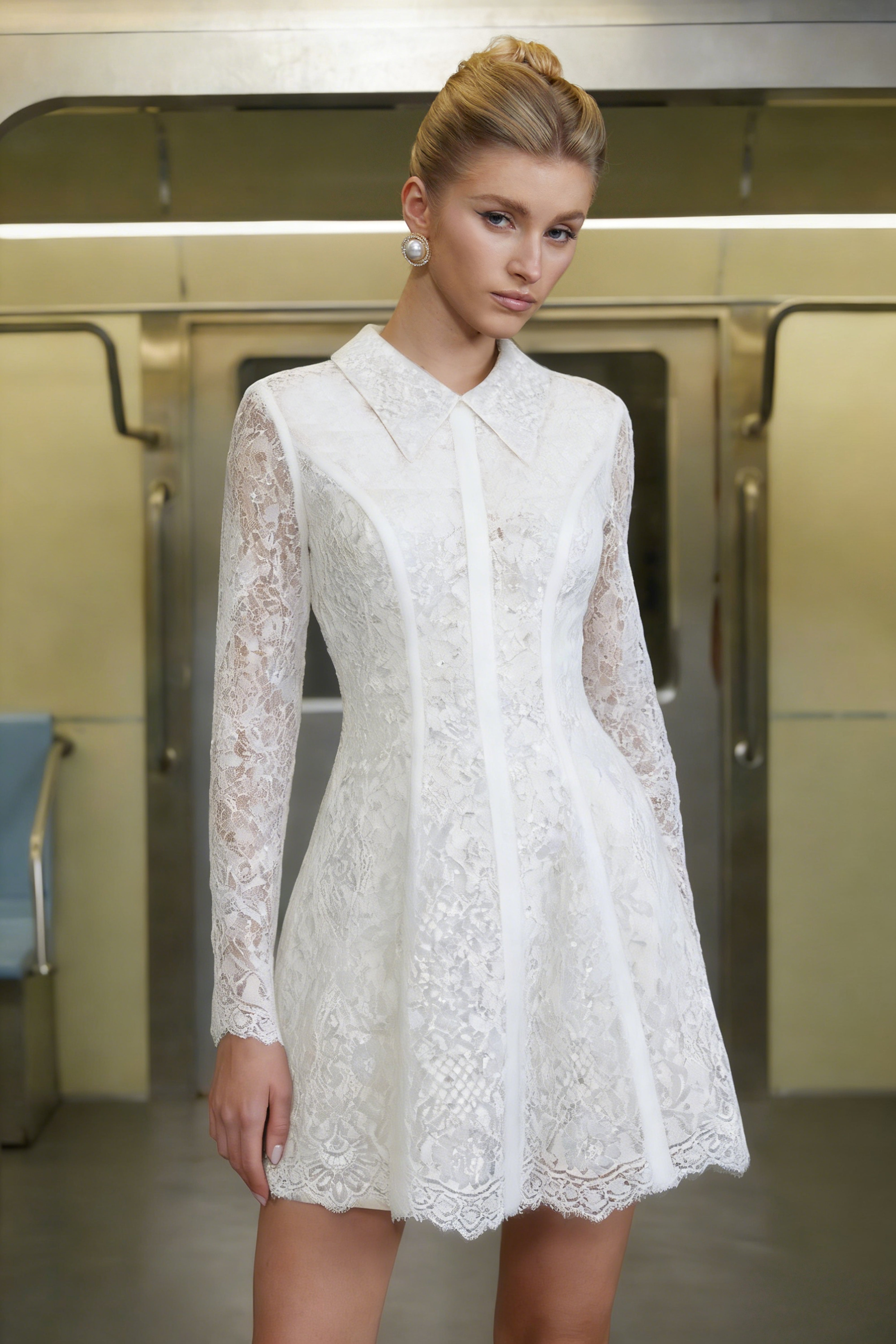 Aleksandra White Sequin Floral Lace Mini Dress (Final Sale-US Only)