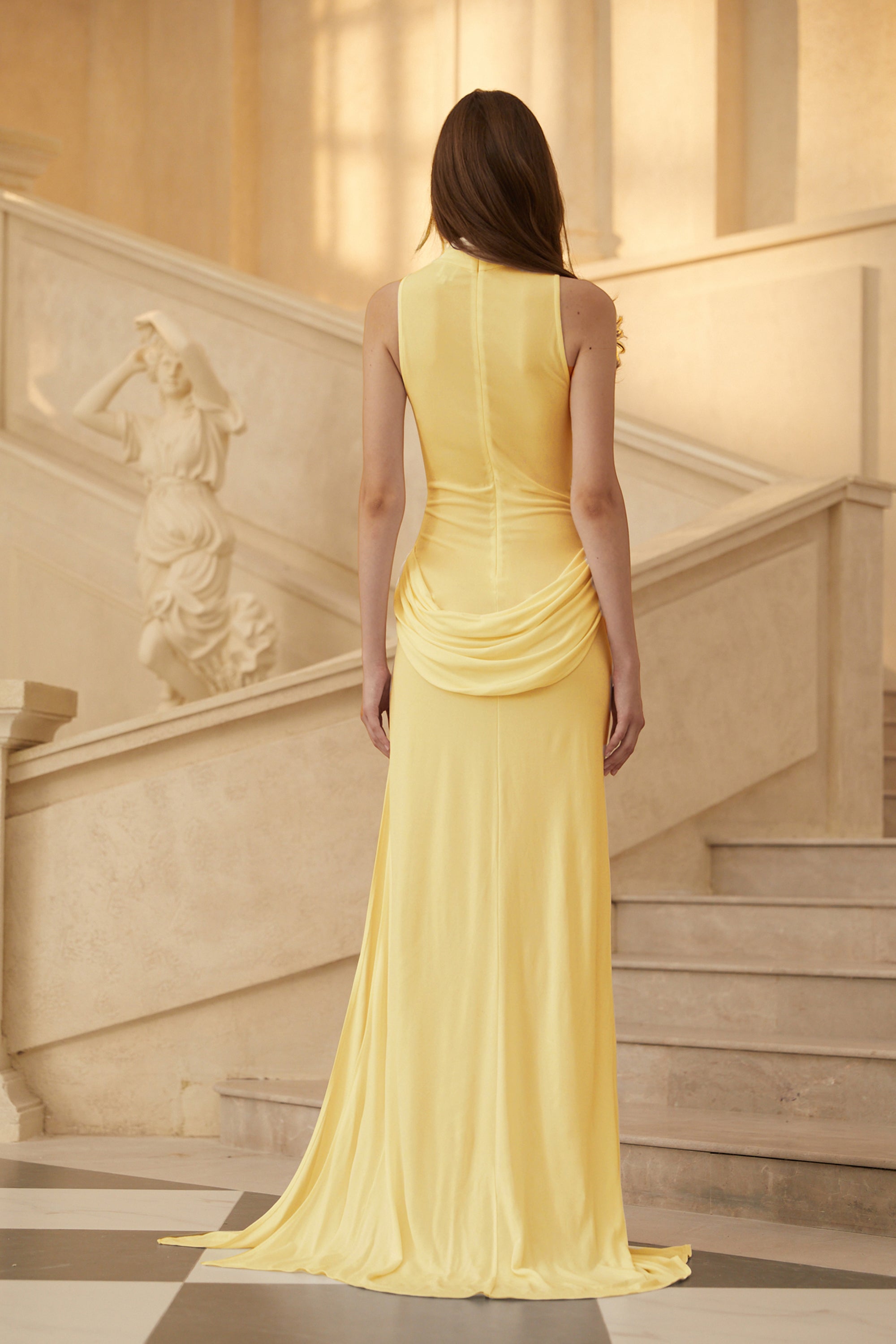 Mystérieuse Yellow Turtleneck Draped Maxi Dress (Final Sale)